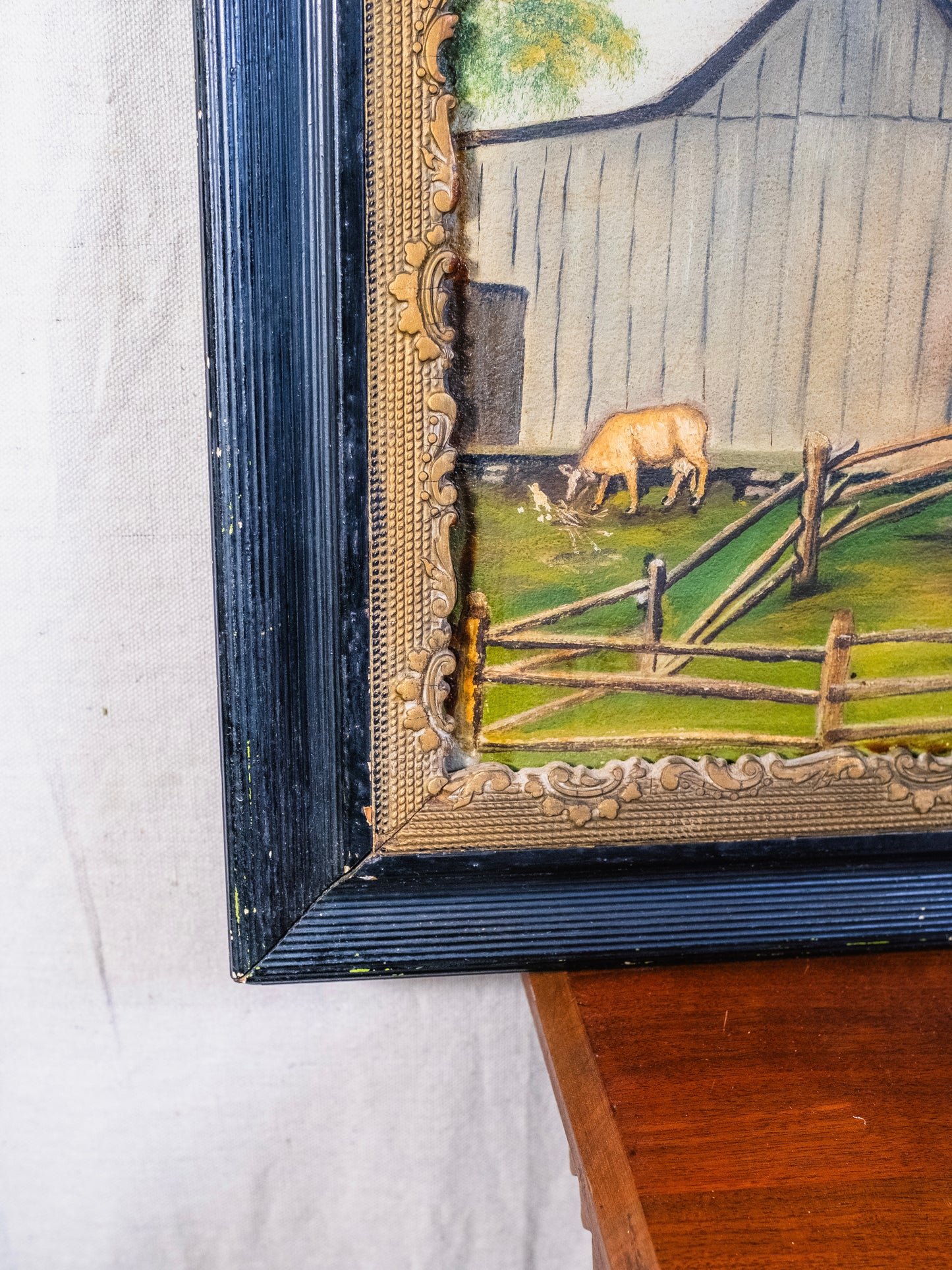 Vintage 1940s Framed Rustic Folk Art Farm Landscape Oil on Board Painting