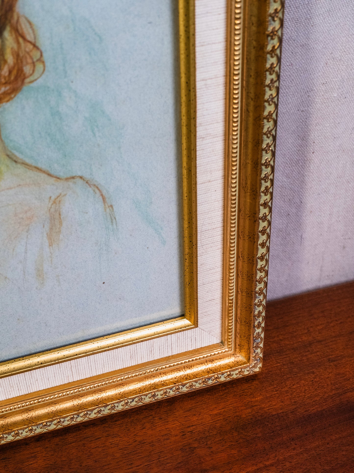 Vintage 1950s Framed "Golden Girl" Pencil Drawing Artwork