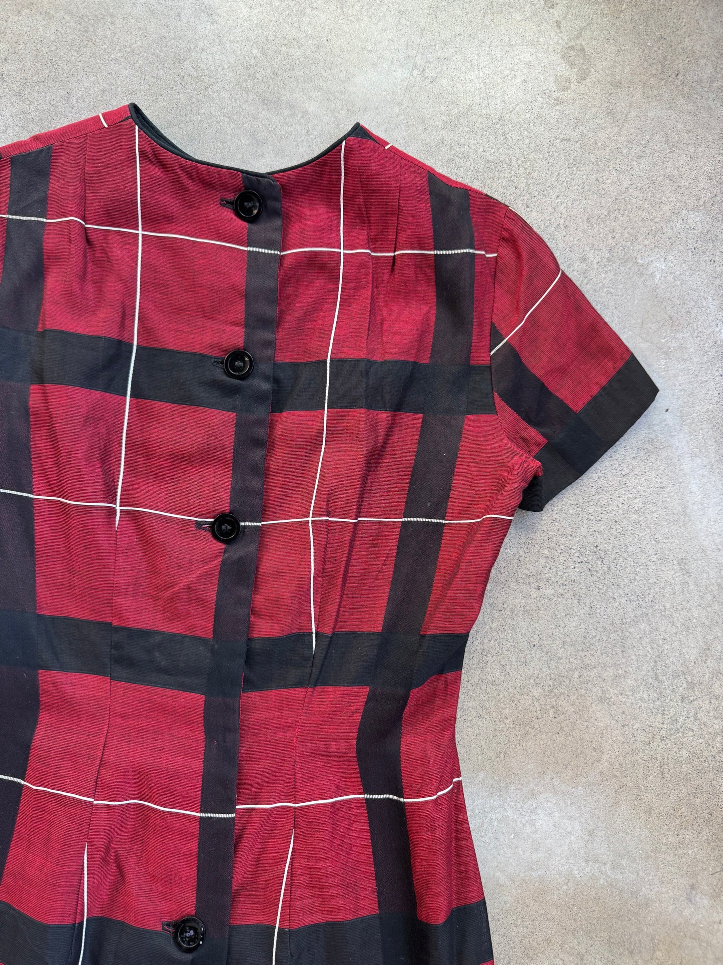 Vintage 1950s Stacey Ames Red Plaid Short Sleeve Mini Dress | S/M