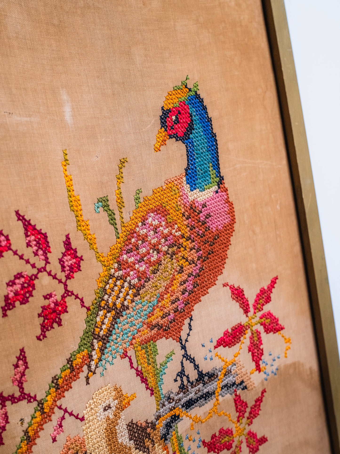 Antique Early 1900s Framed Pair of Pheasants Cross-Stitch Embroidered Wall Art