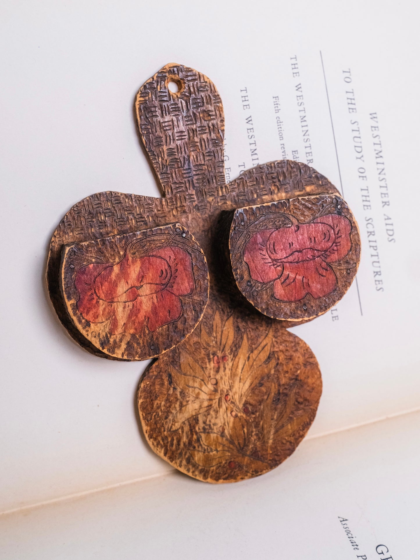 Antique 1906 Signed L.W. Wooden Pyrography Floral Pattern Wall Hanging