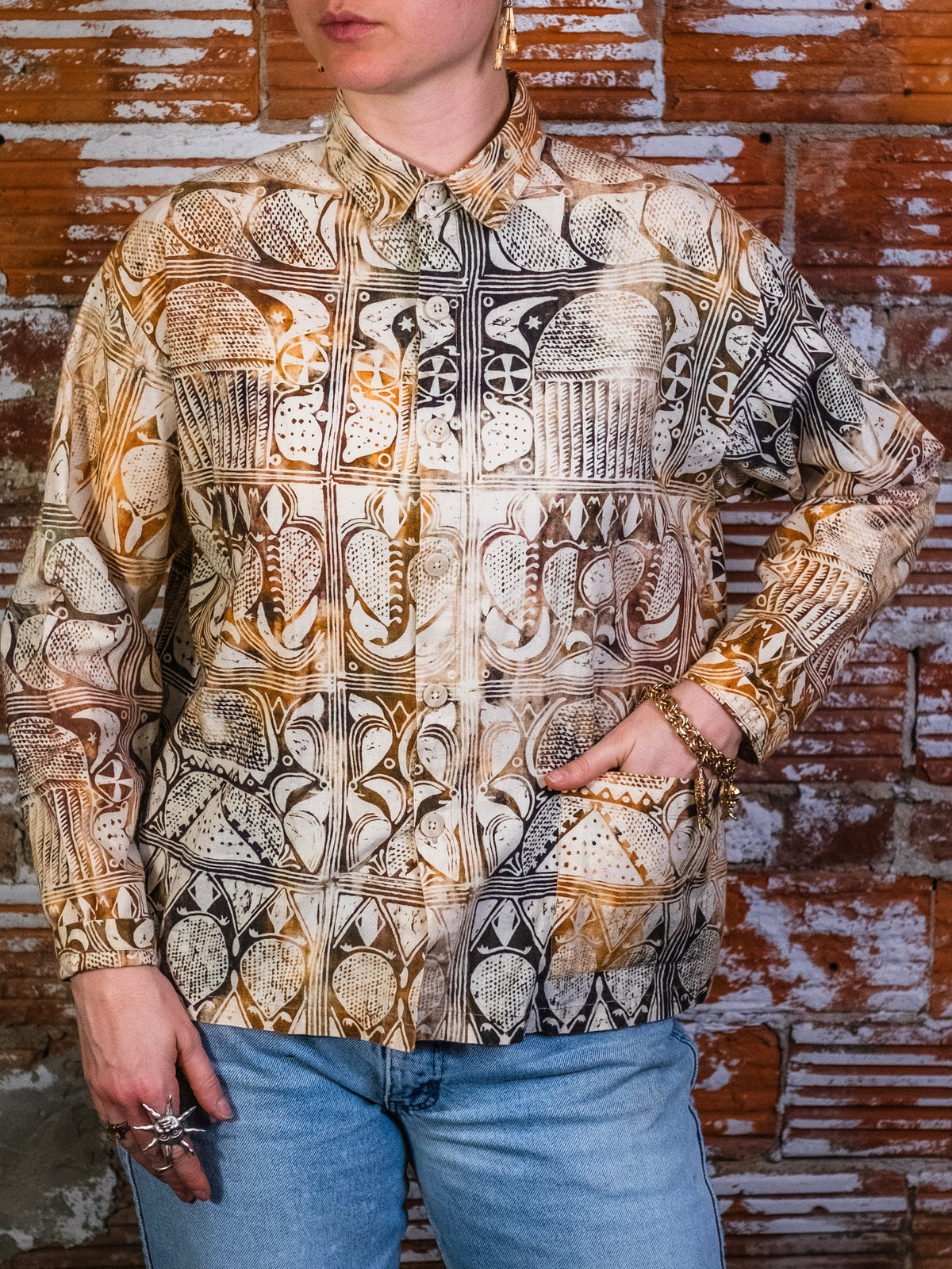 Vintage 1990s Chicos Design Tribal Block Print Cotton Shirt Jacket | Medium