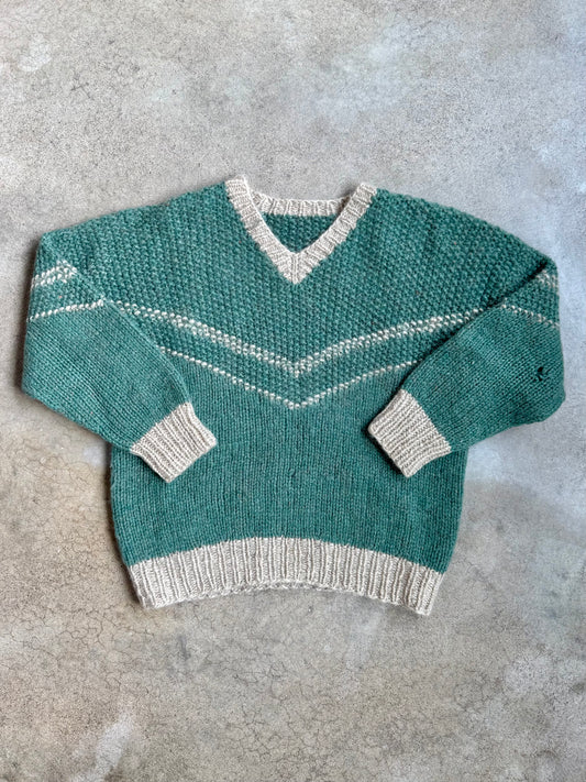 Vintage 1960s Handmade Teal & Grey V-Neck Sweater | Medium