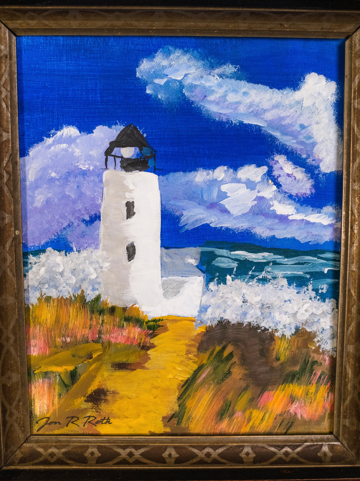 Vintage Framed Lighthouse Landscape Acrylic Painting | Signed