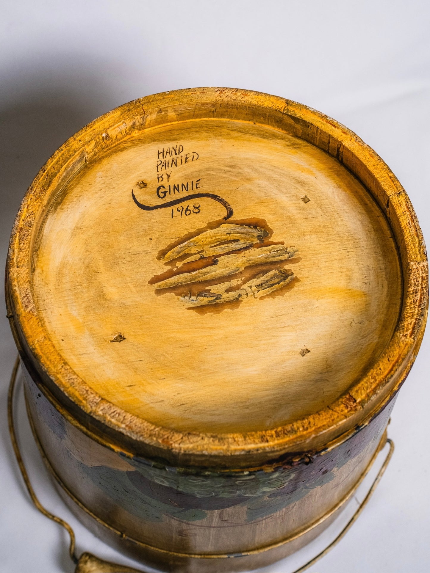 Vintage 1960s Handmade & Hand-Painted Tole Pattern Primitive Bucket w/ Handle