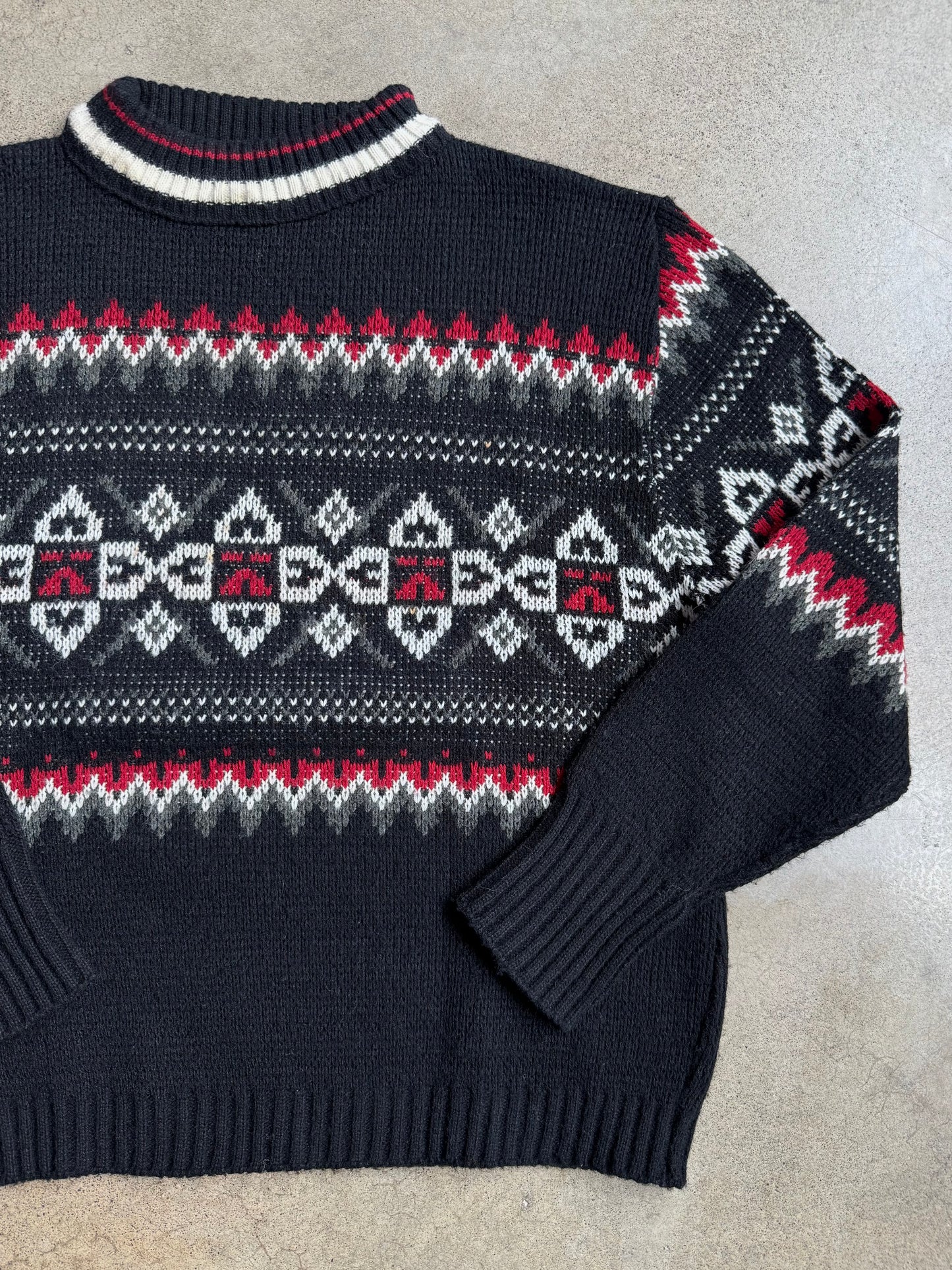 Vintage 1970s Black Fair Isle Mock Neck Sweater | Medium
