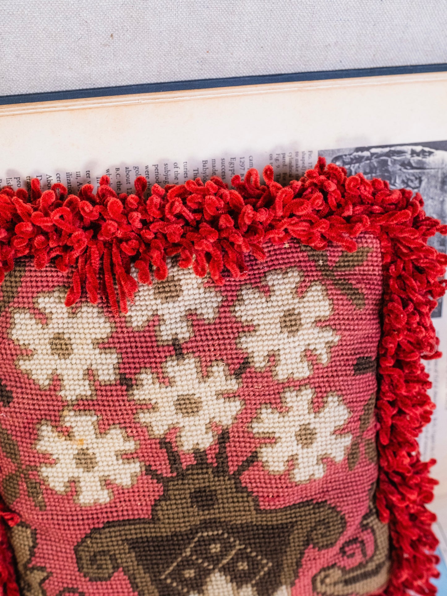 Vintage French-Style Floral Needlepoint Chenille Loop Fringe Mini Throw Pillow