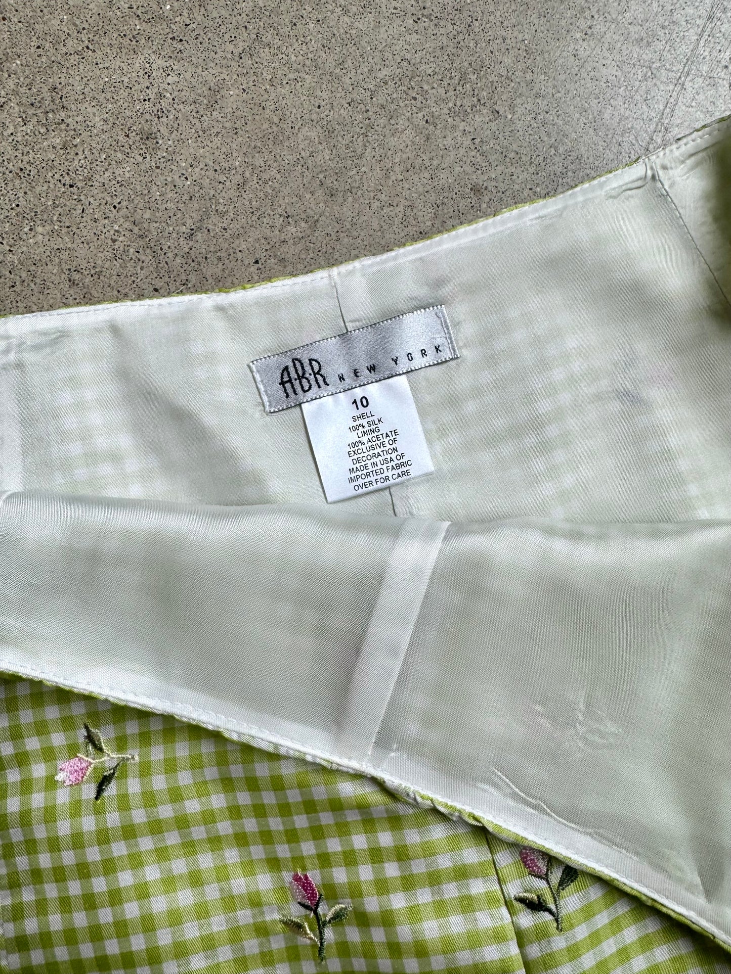 Vintage 1990s ABR New York Green Gingham Floral Embroidered Silk Skirt Suit | M/L