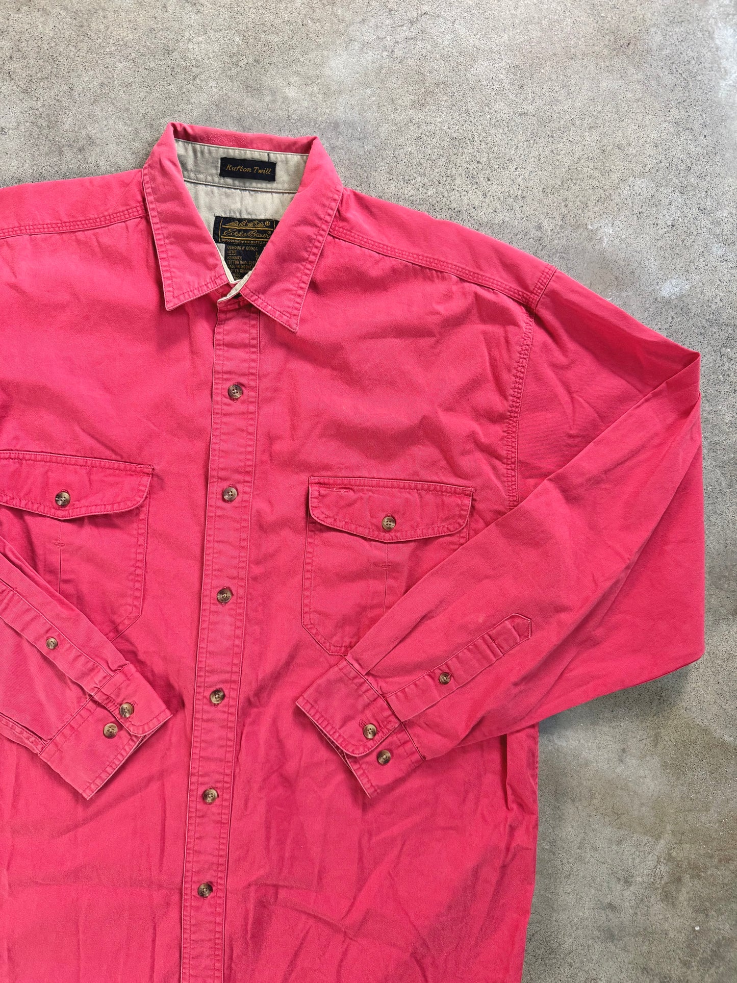Vintage 1990s Eddie Bauer Rufton Twill Cotton Salmon Utility Shirt | Large