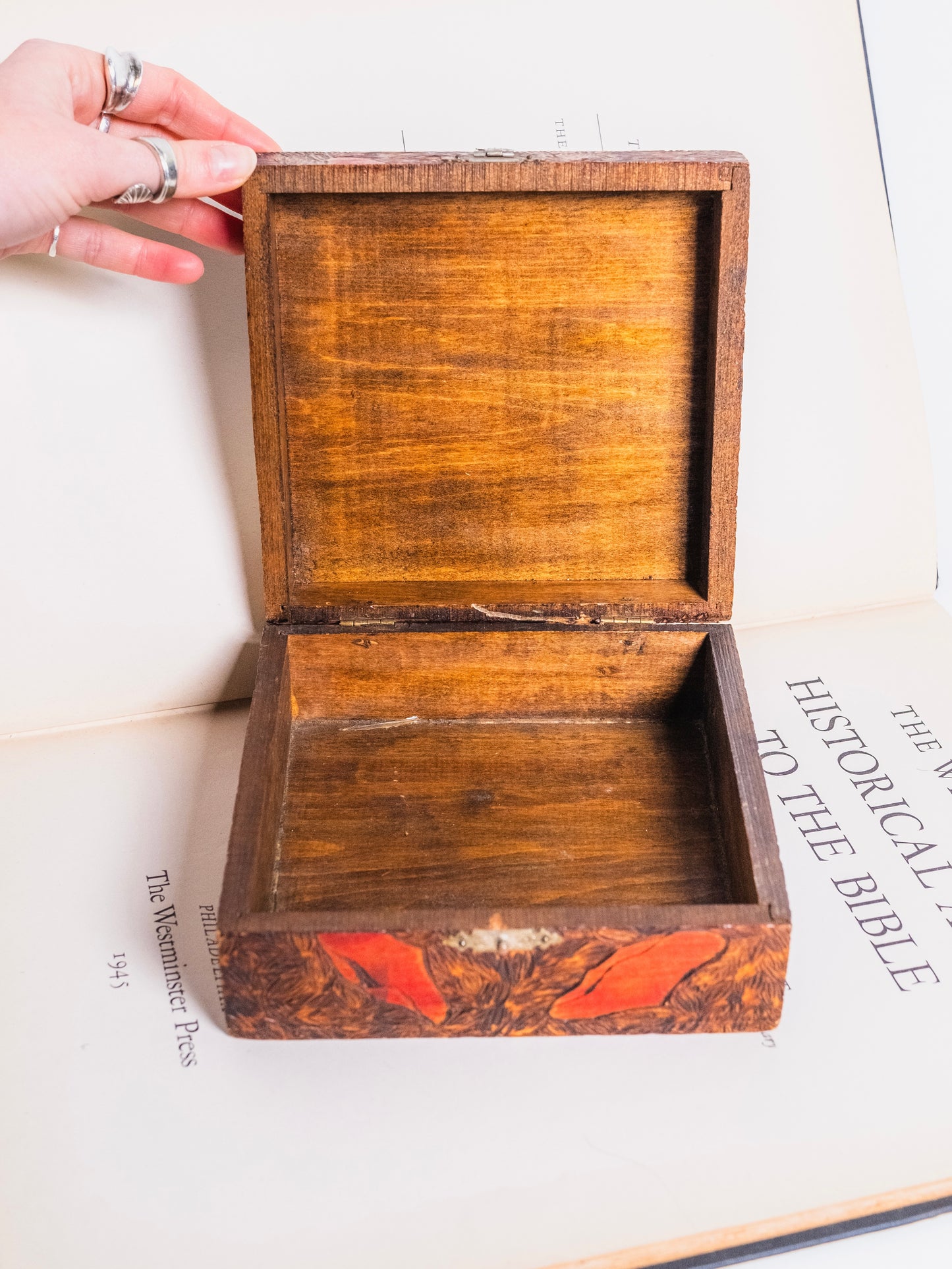 Antique 1920s Wood Pyrography Floral Pattern Box