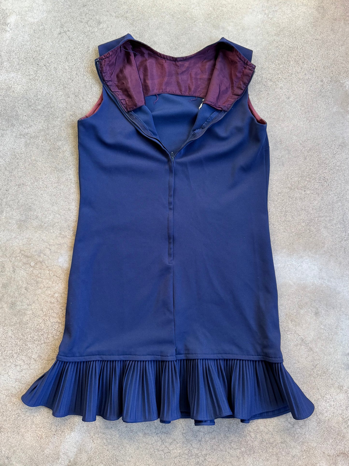 Vintage 1960s Vicky Vaughn Navy Blue Ruffle Trim Shift Dress | Small