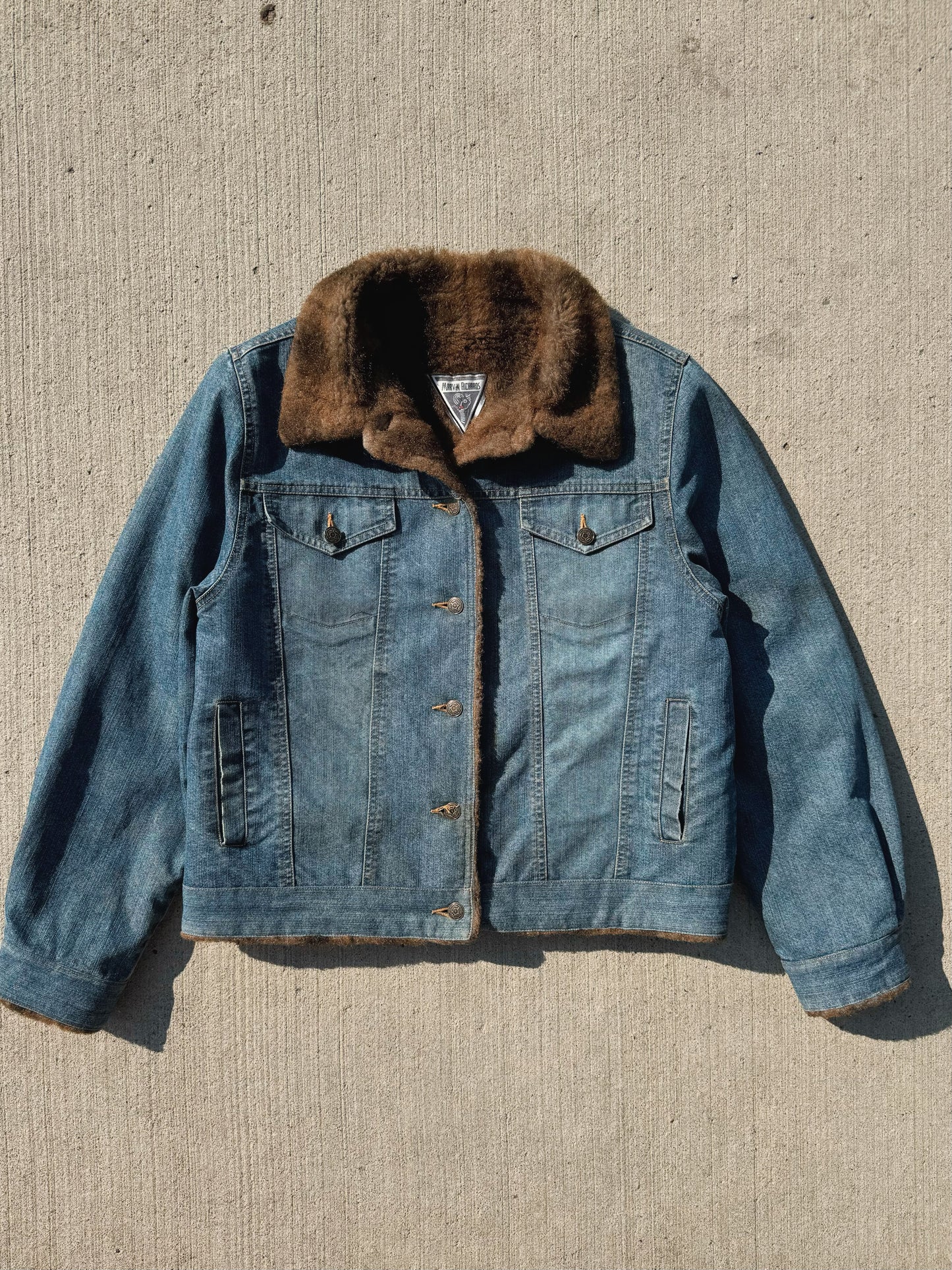 Vintage 1990s Marvin Richards Faux Fur Lined Denim Jacket | Large