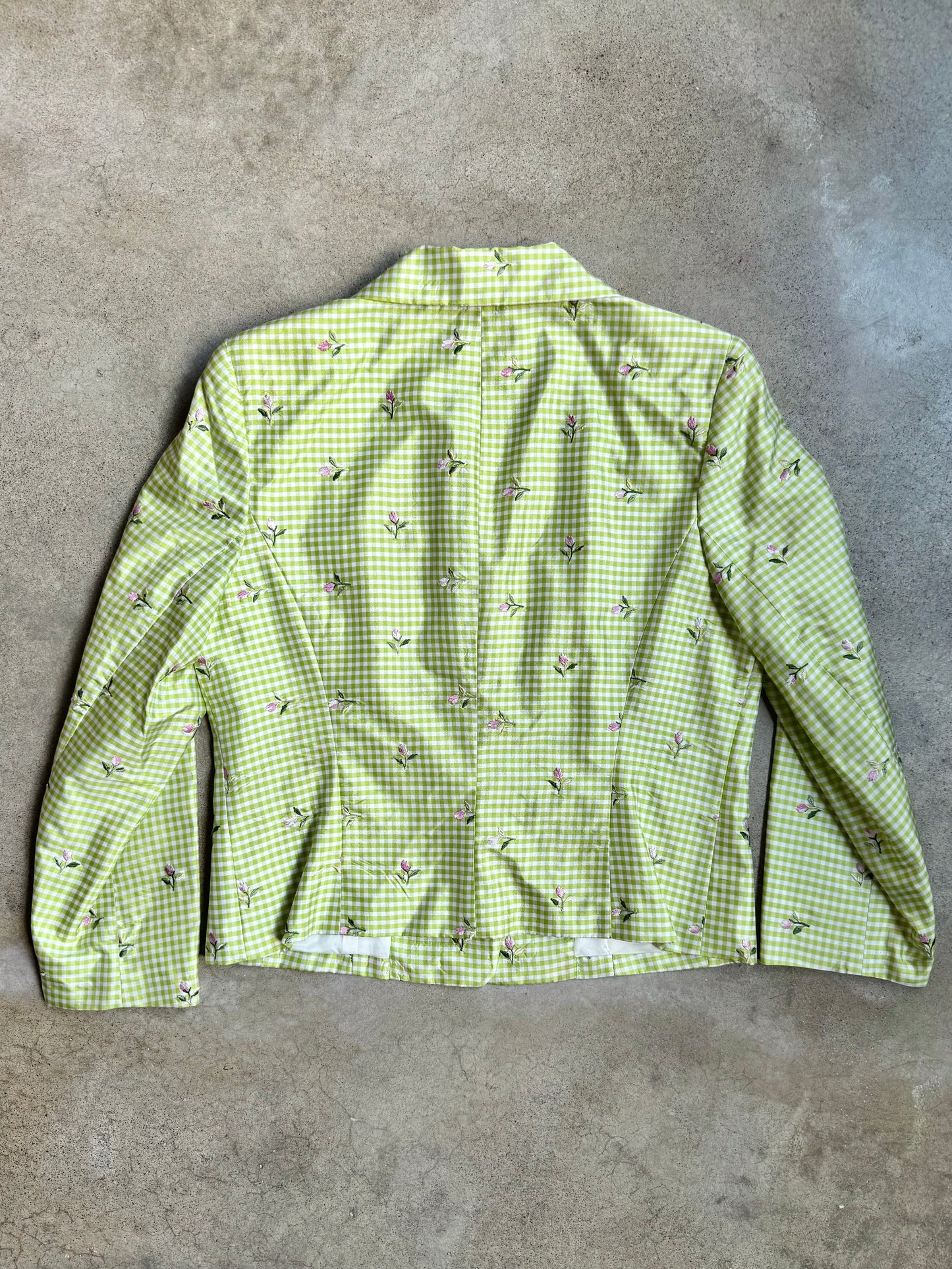 Vintage 1990s ABR New York Green Gingham Floral Embroidered Silk Skirt Suit | M/L
