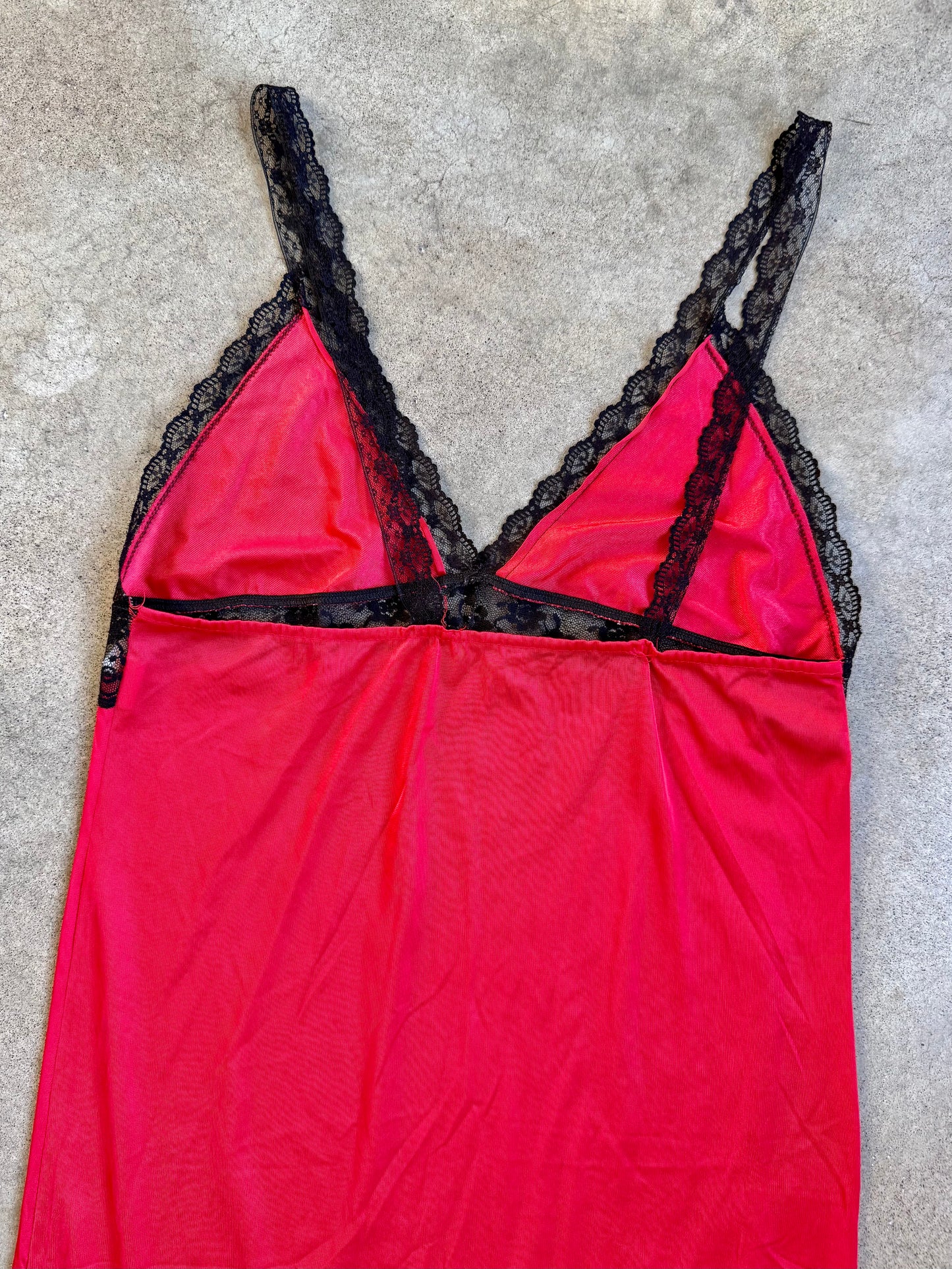 Vintage 1970s By Beverly Red & Black Lace Trim Maxi Slip Dress | Small