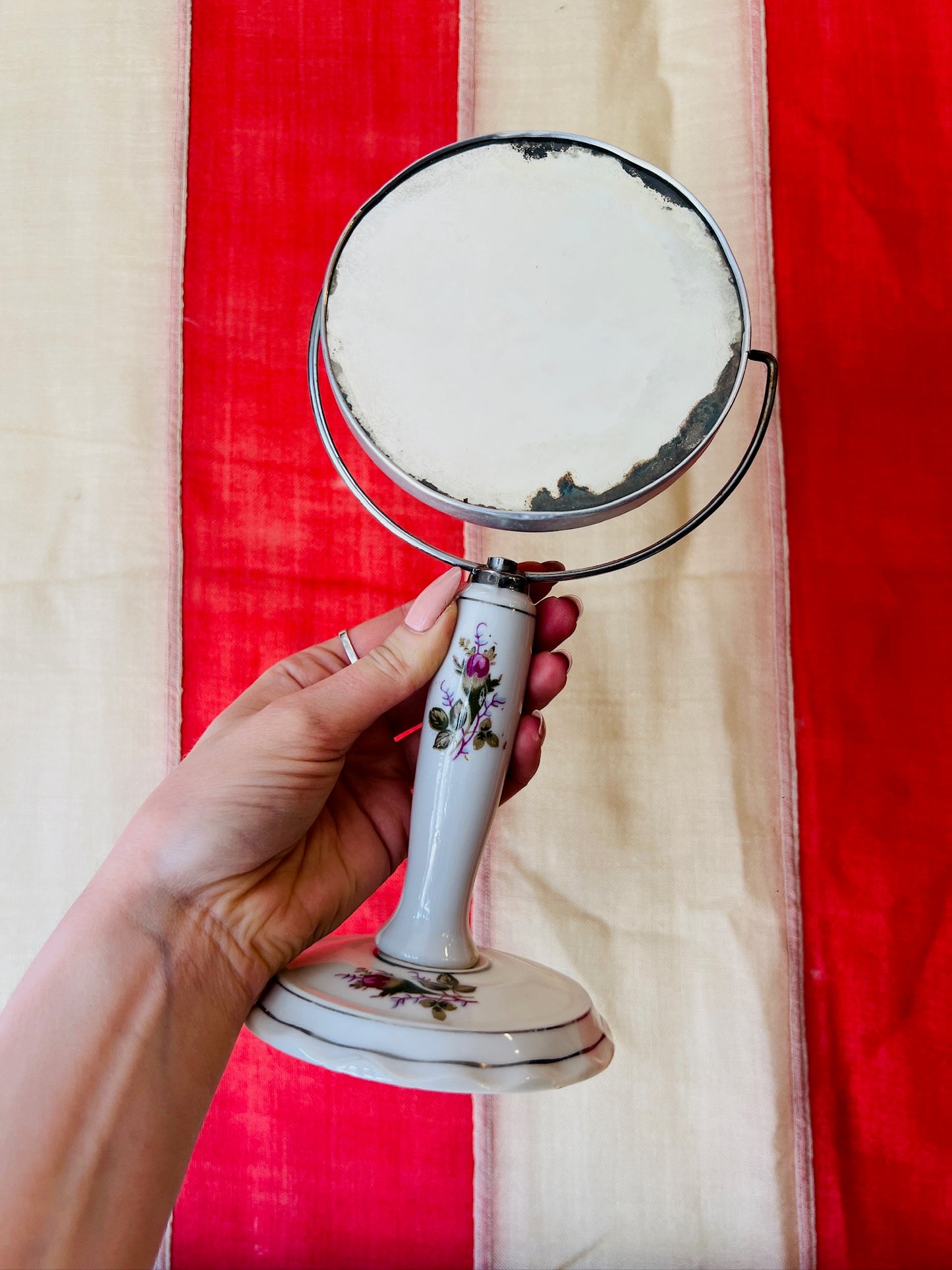 Vintage 1950s Ceramic Floral Two Sided Vanity Makeup Mirror