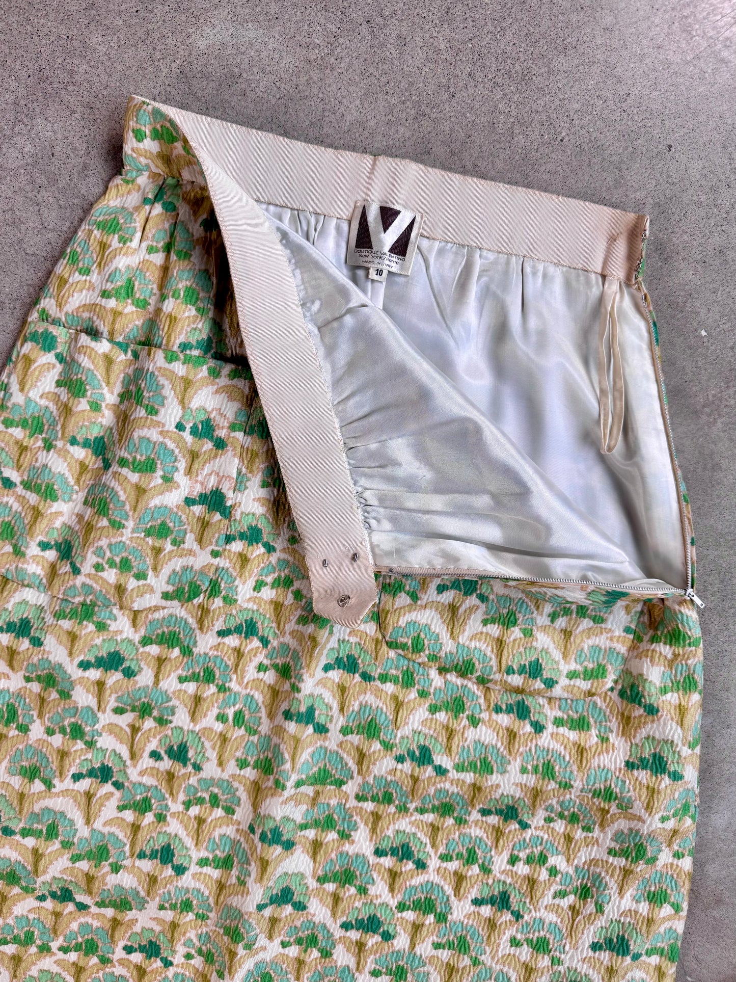 Vintage 1960s Boutique Valentino Green & Gold Floral Silk Maxi Skirt | Waist 26”