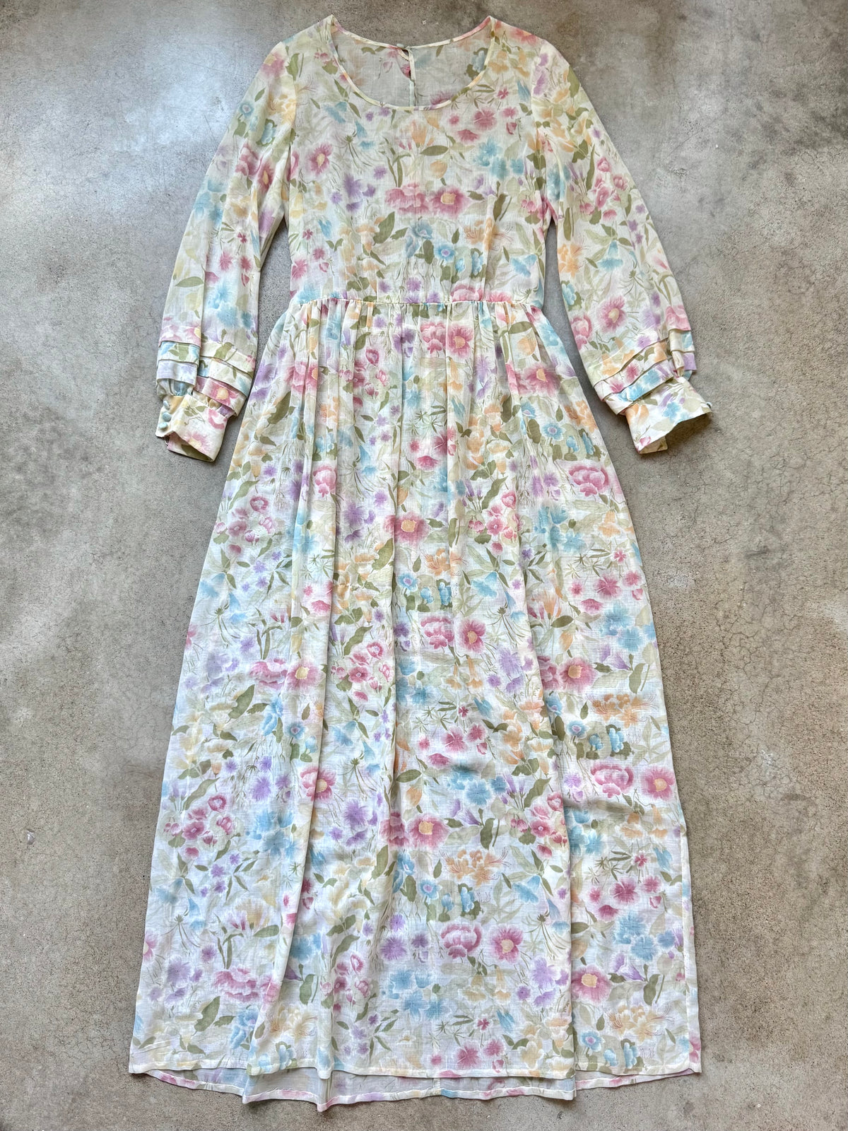 Vintage 1970s Handmade Sheer Pastel Floral Tie-Waist Maxi Dress | Small