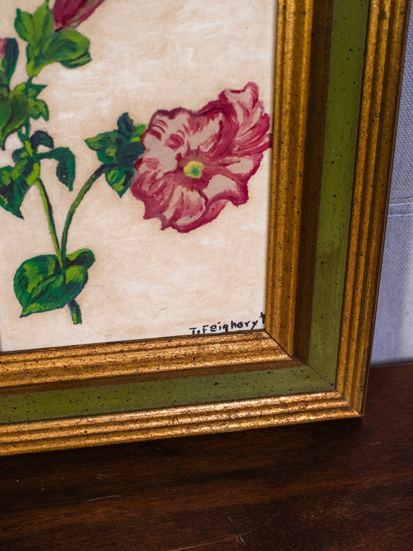 Vintage 1950s Wood Framed Snapdragon Flower Oil Painting | Signed