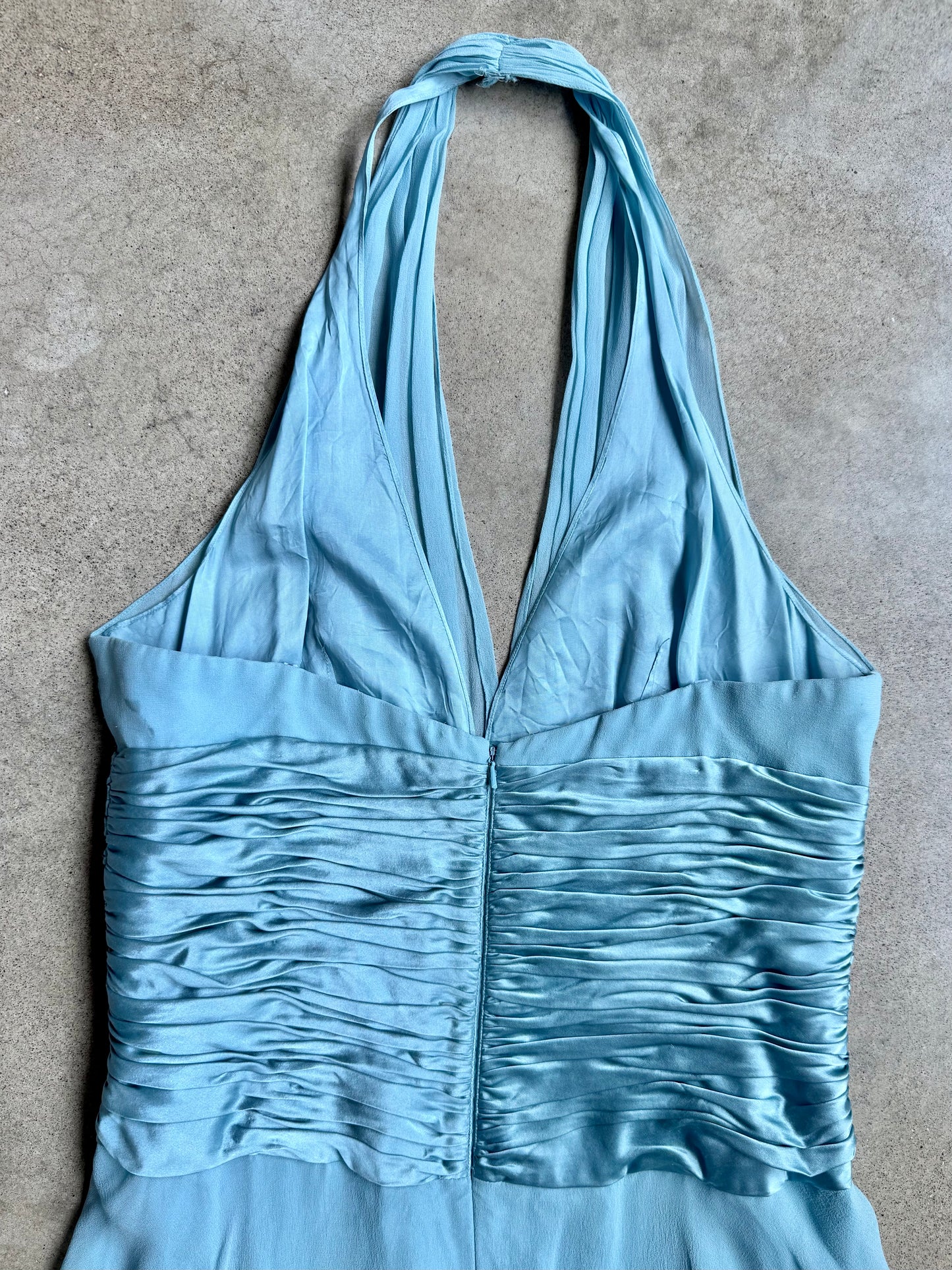 Vintage 1990s Maggy London Baby Blue Silk Halter Dress | Large