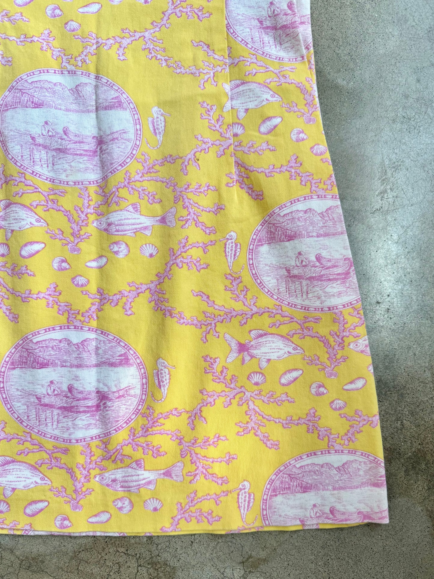 2000s Leggiadro Yellow & Pink Ocean Toile Print Shift Dress | Medium