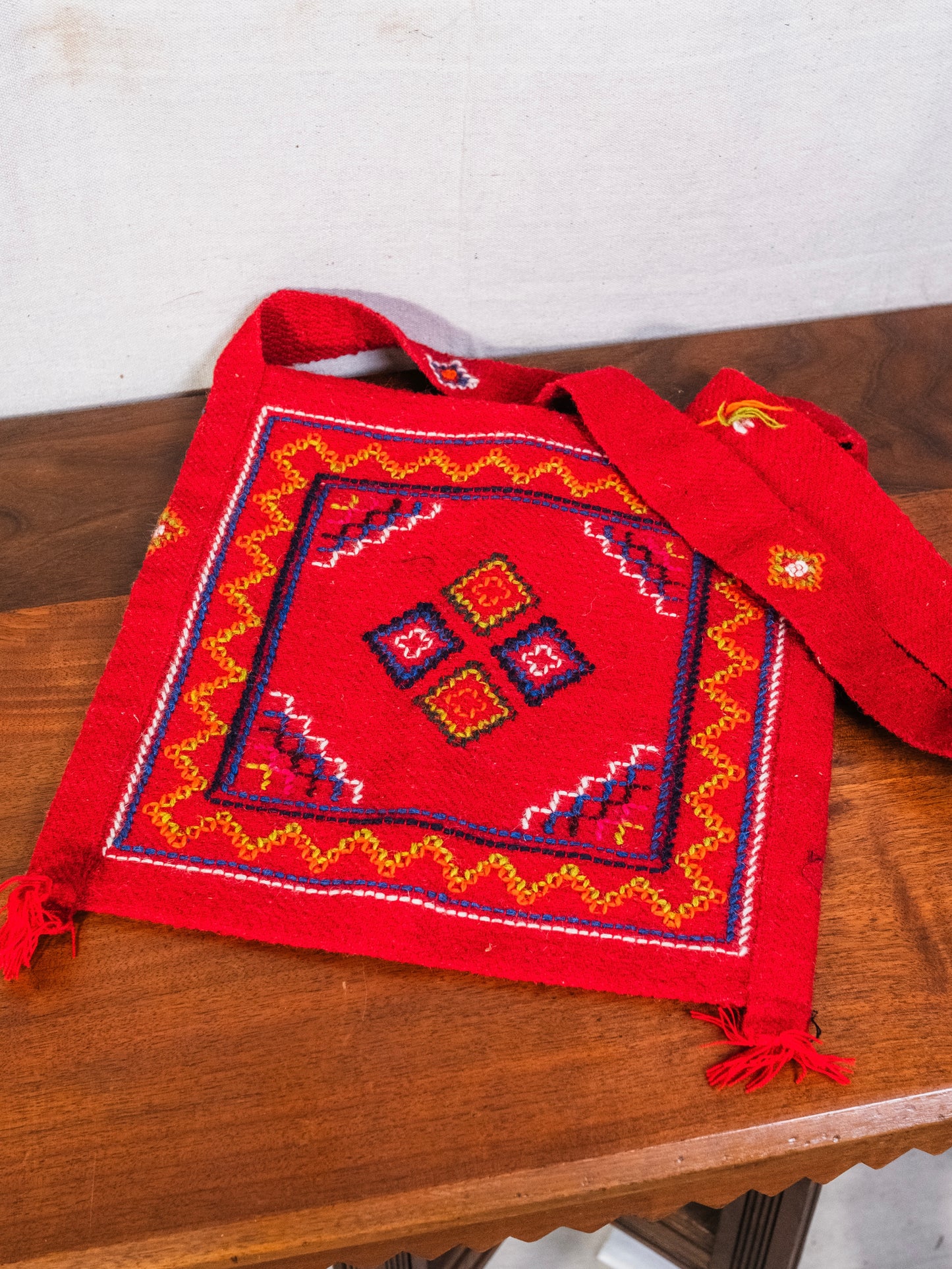 Vintage 1960s Bhutan Embroidered Red Woven Crossbody Bag