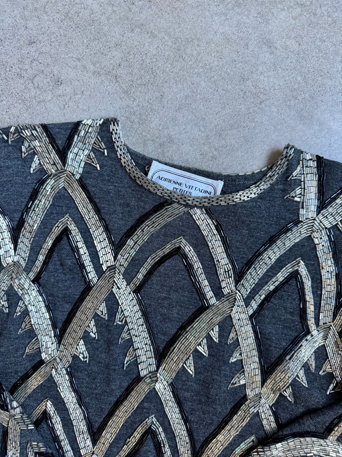 Vintage 1980s Adrienne Vittadini Silver Art Deco Beaded Wool Knit Top | Small