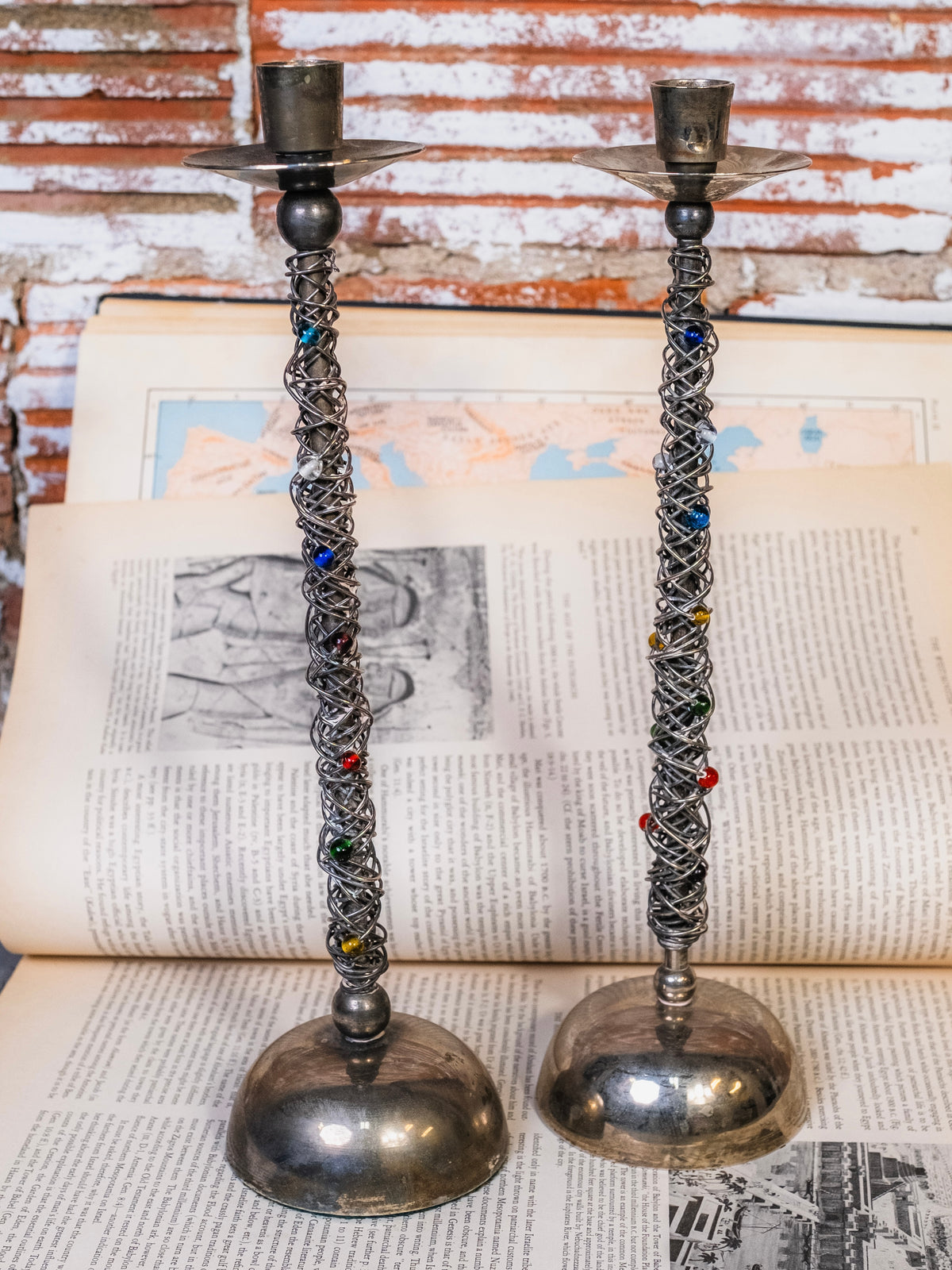 Vintage MCM Silver Wire Wrapped Beaded Candlestick Holders | Set of 2