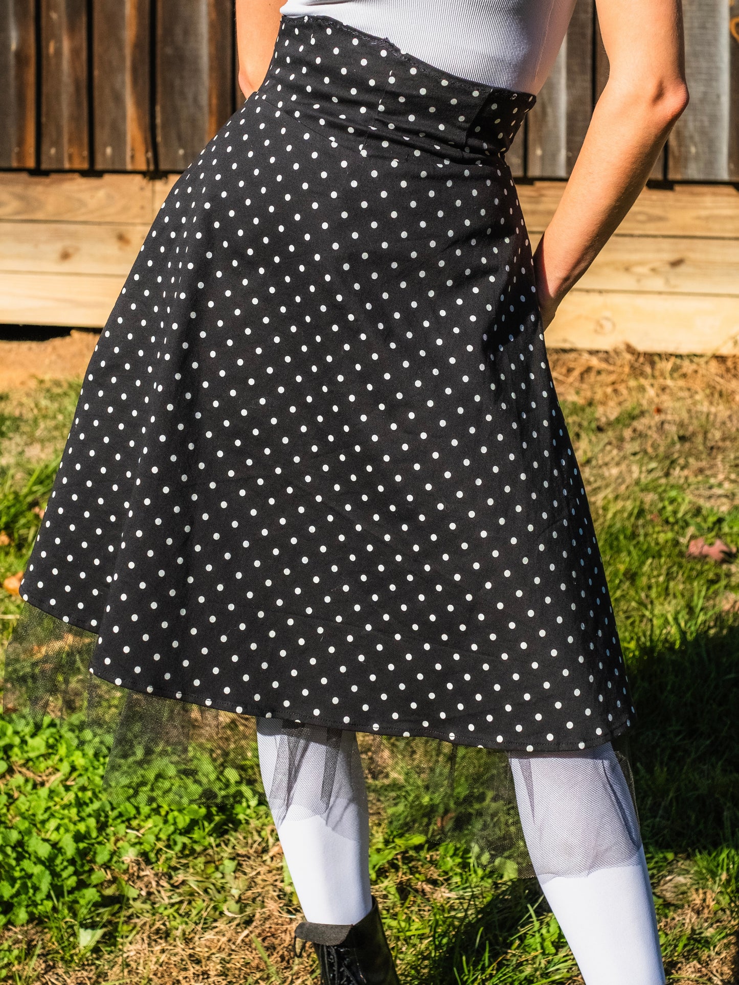 Vintage 1980s Handmade Black & White Polka Dot Tulle Trim Skirt | Small