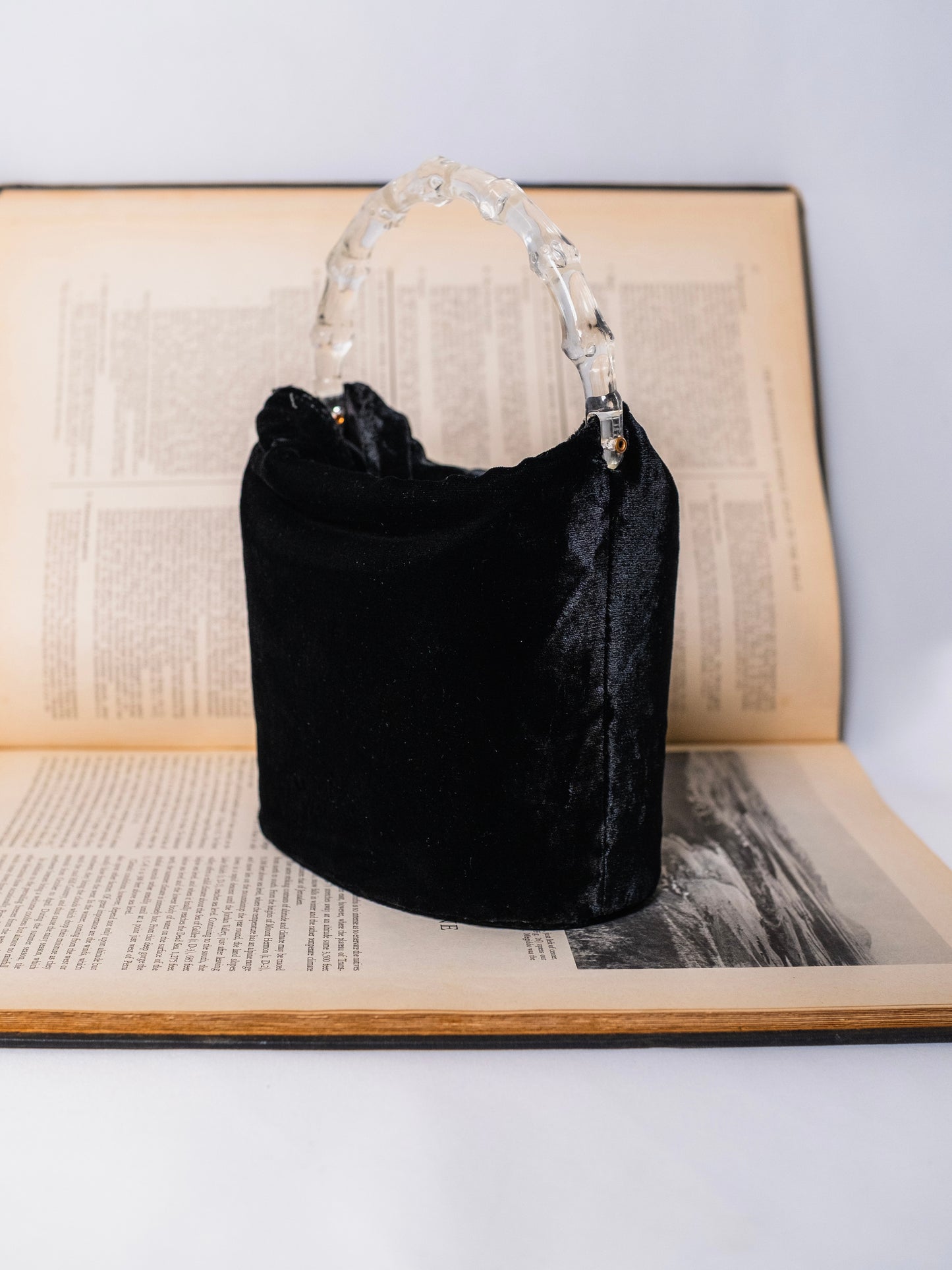 Vintage 1980s Black Velvet Handbag w/ Acrylic Handle