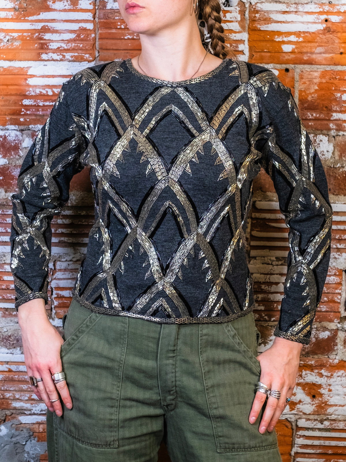 Vintage 1980s Adrienne Vittadini Silver Art Deco Beaded Wool Knit Top | Small