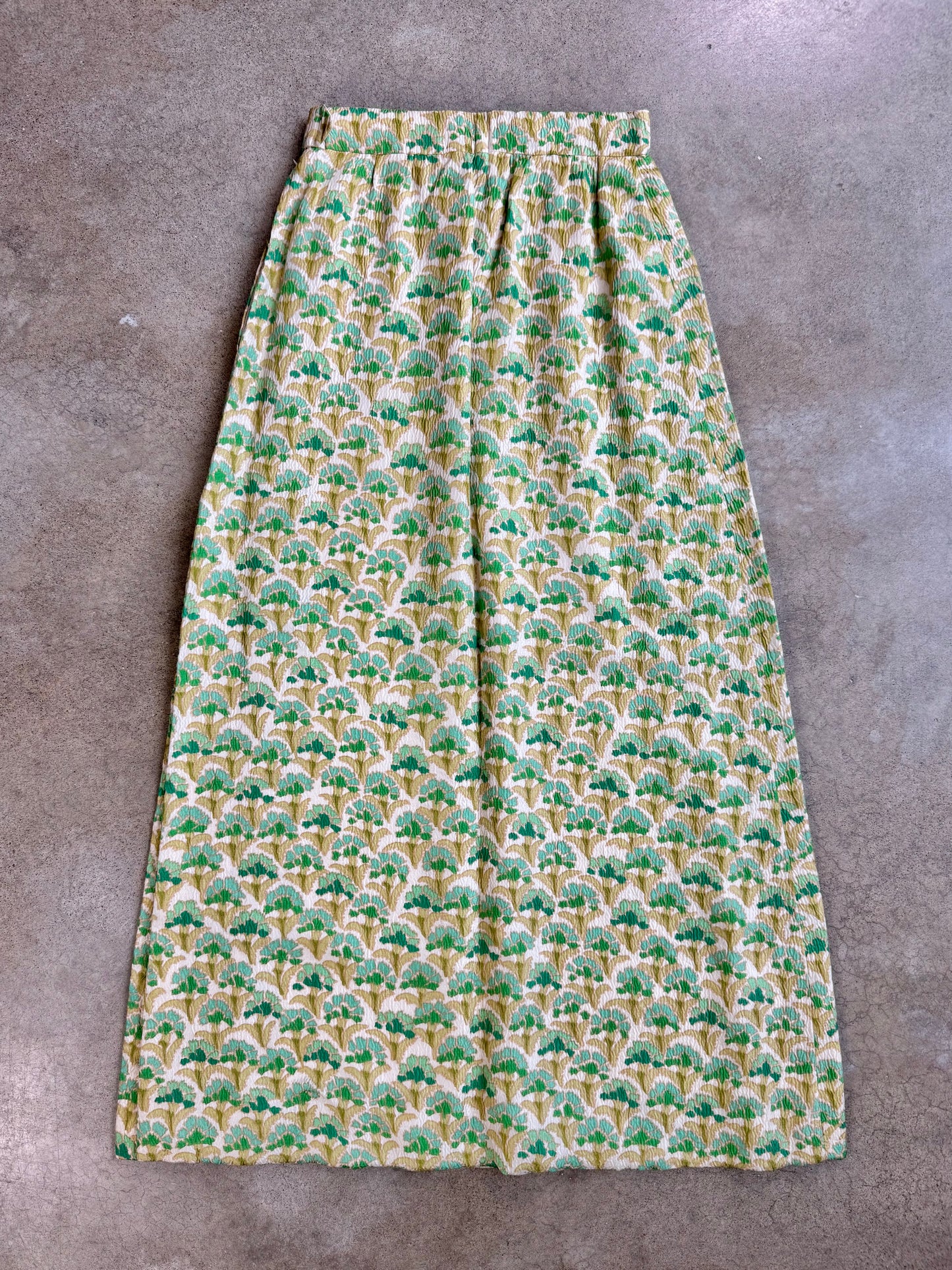 Vintage 1960s Boutique Valentino Green & Gold Floral Silk Maxi Skirt | Waist 26”