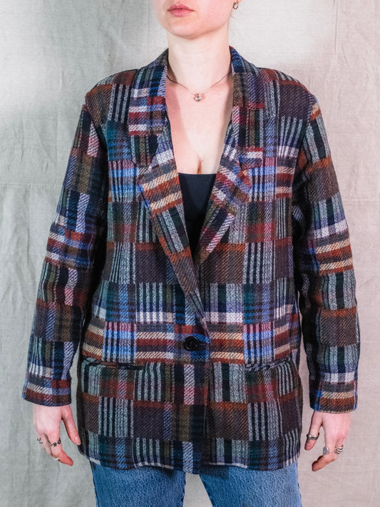 Vintage 1980s Willow Ridge Multi-Color Patchwork Plaid Wool Blazer | M/L