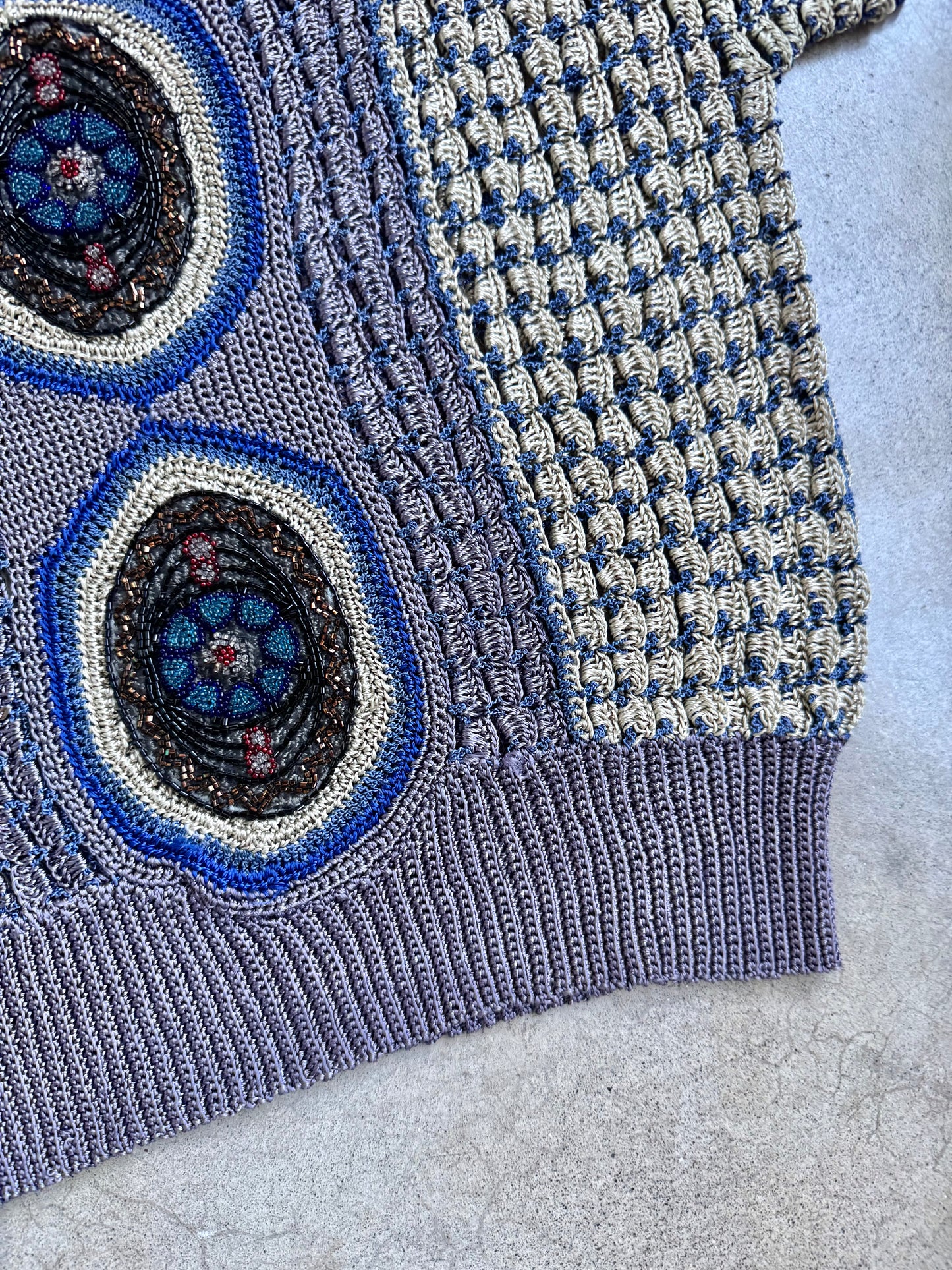 Vintage 1920s-Style Purple & Blue Crochet Beaded Short Sleeve Top | Medium