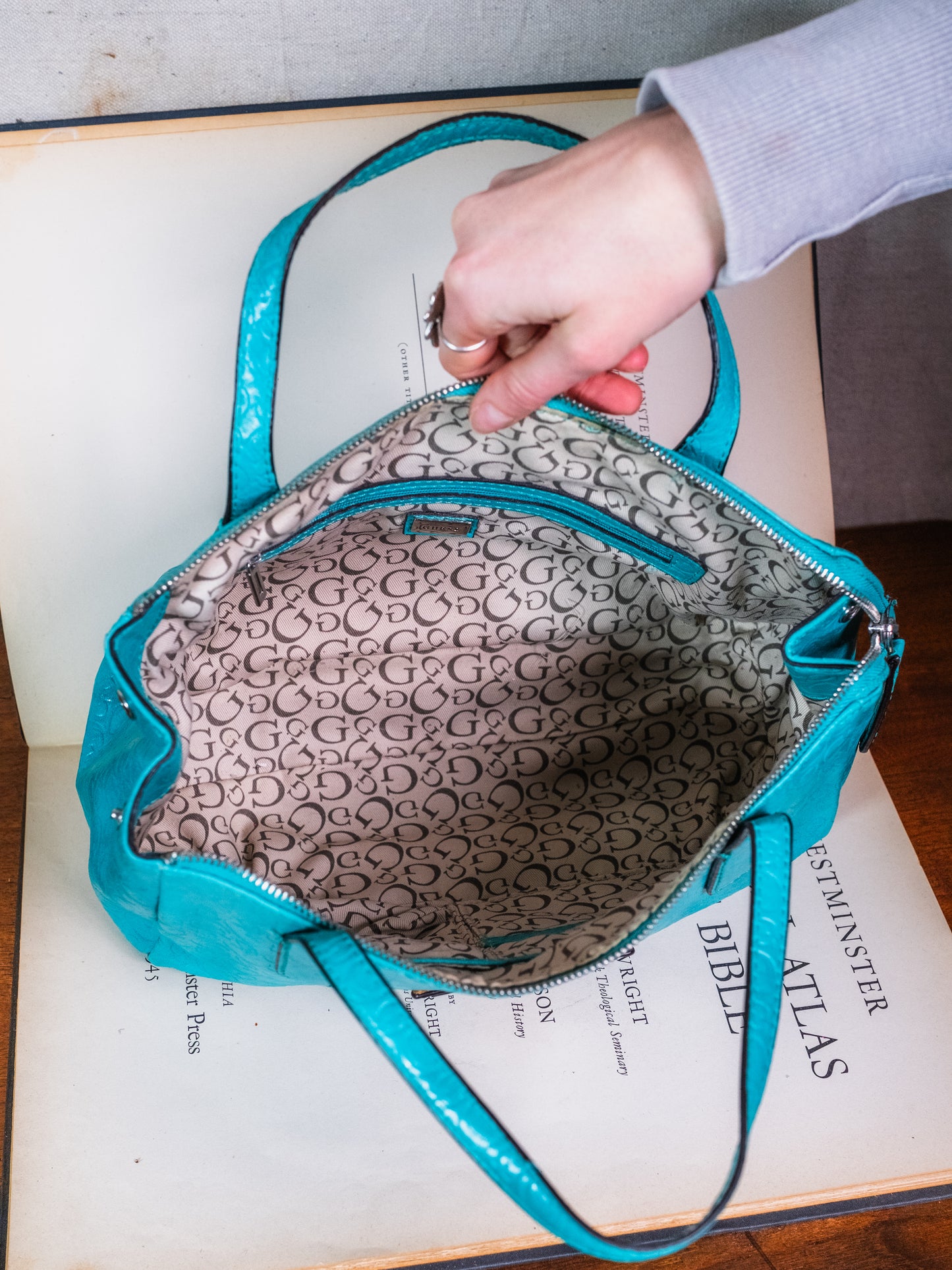 2000s Guess Turquoise Embossed Monogram Leather Top Handle Bag