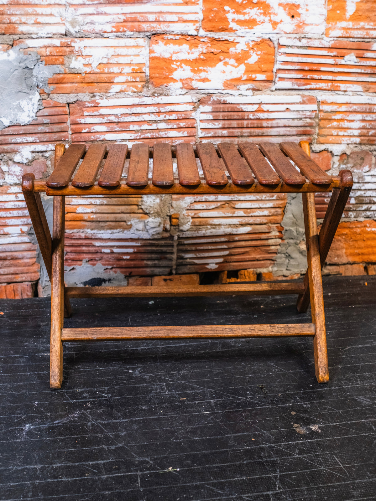 Vintage 1940s Take-Along Travel Chair Co. Slatted Wood Folding Bench Stool