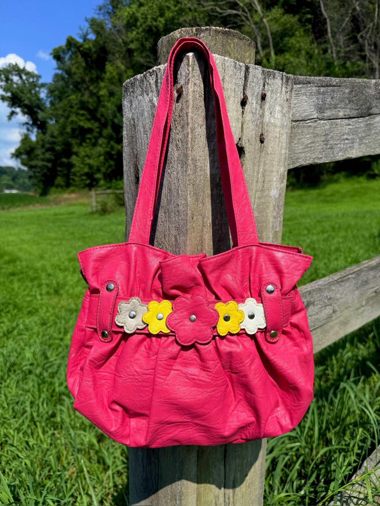 2000s Hot Pink Floral Appliqué Vinyl Shoulder Bag