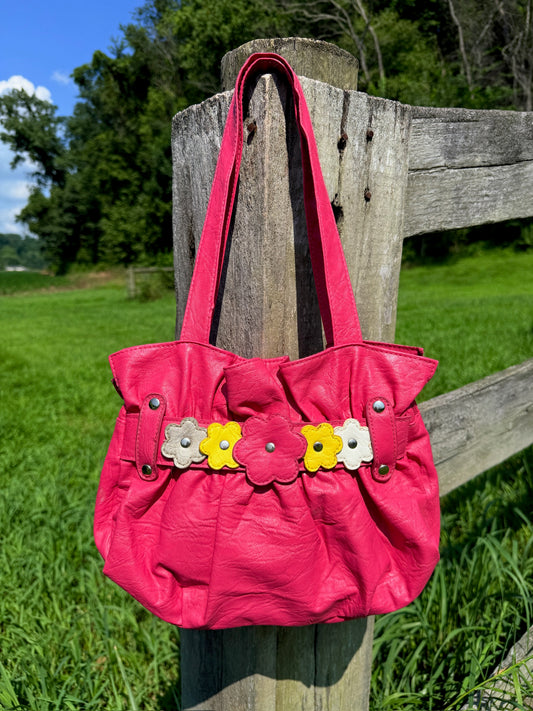2000s Hot Pink Floral Appliqué Vinyl Shoulder Bag
