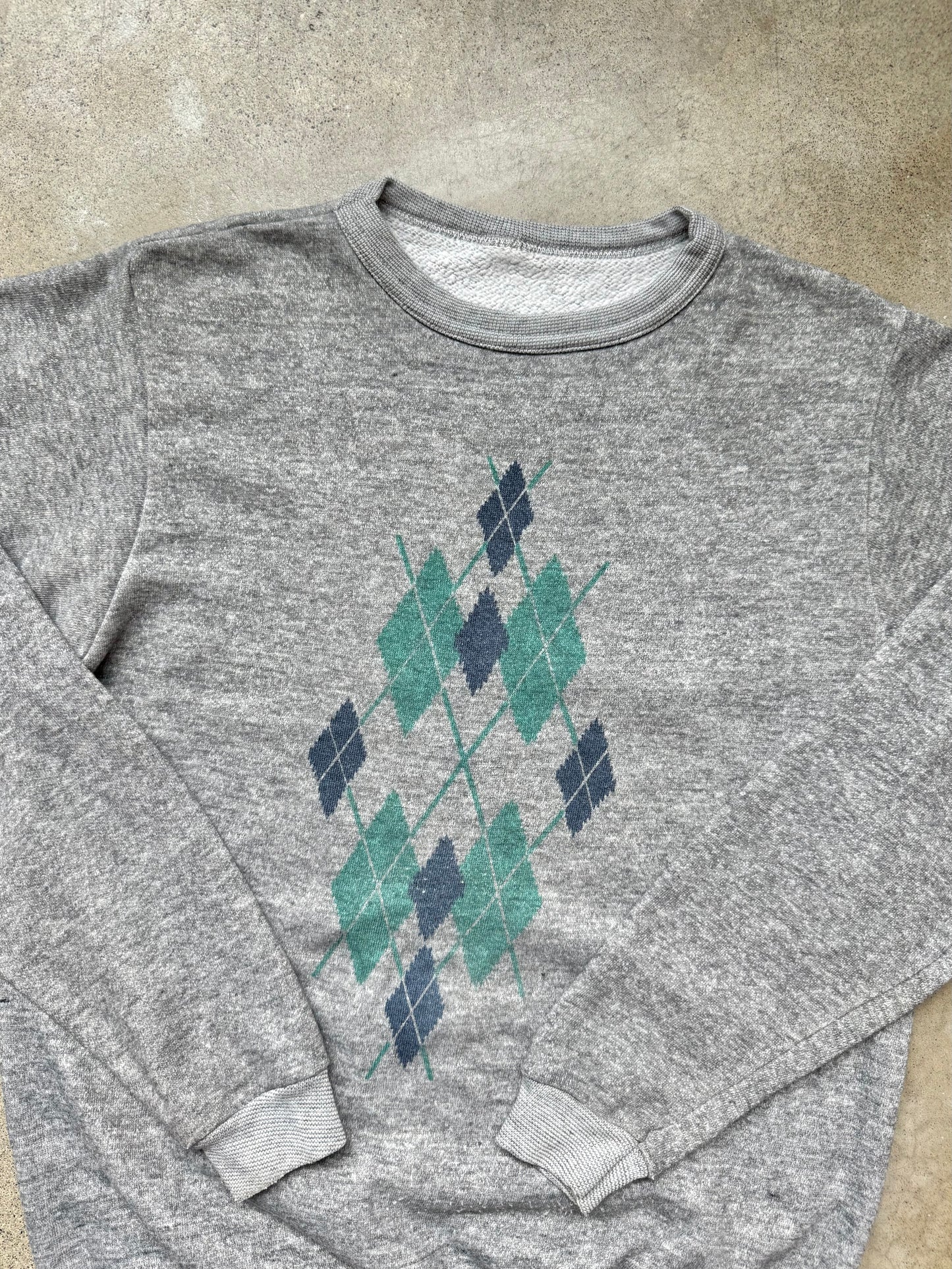 Vintage 1980s Argyle Print Grey Crewneck Sweatshirt | Small
