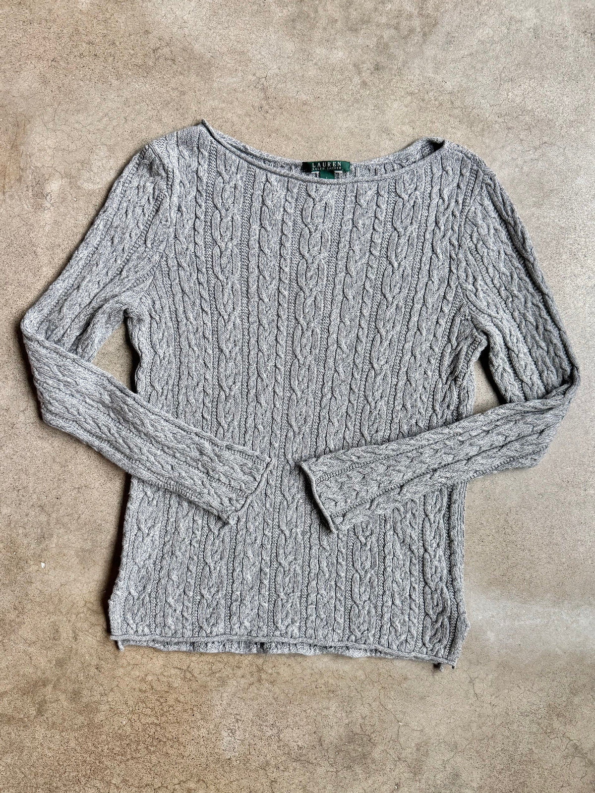Vintage Lauren Ralph Lauren Grey Cable-Knit Boat Neck Sweater | Large