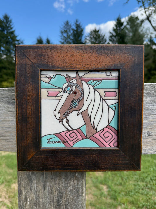 Vintage 1980s Teissedre Framed Ceramic Horse Tile