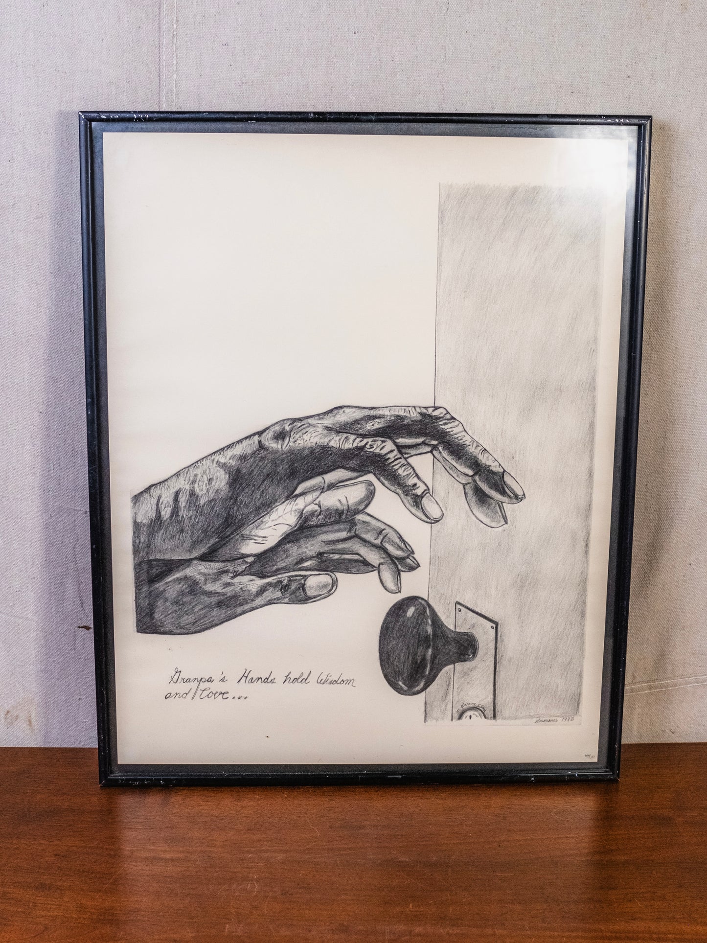 Vintage 1980s Framed “Grandpa’s Hands Hold Wisdom & Love” Pencil Sketch Print Artwork