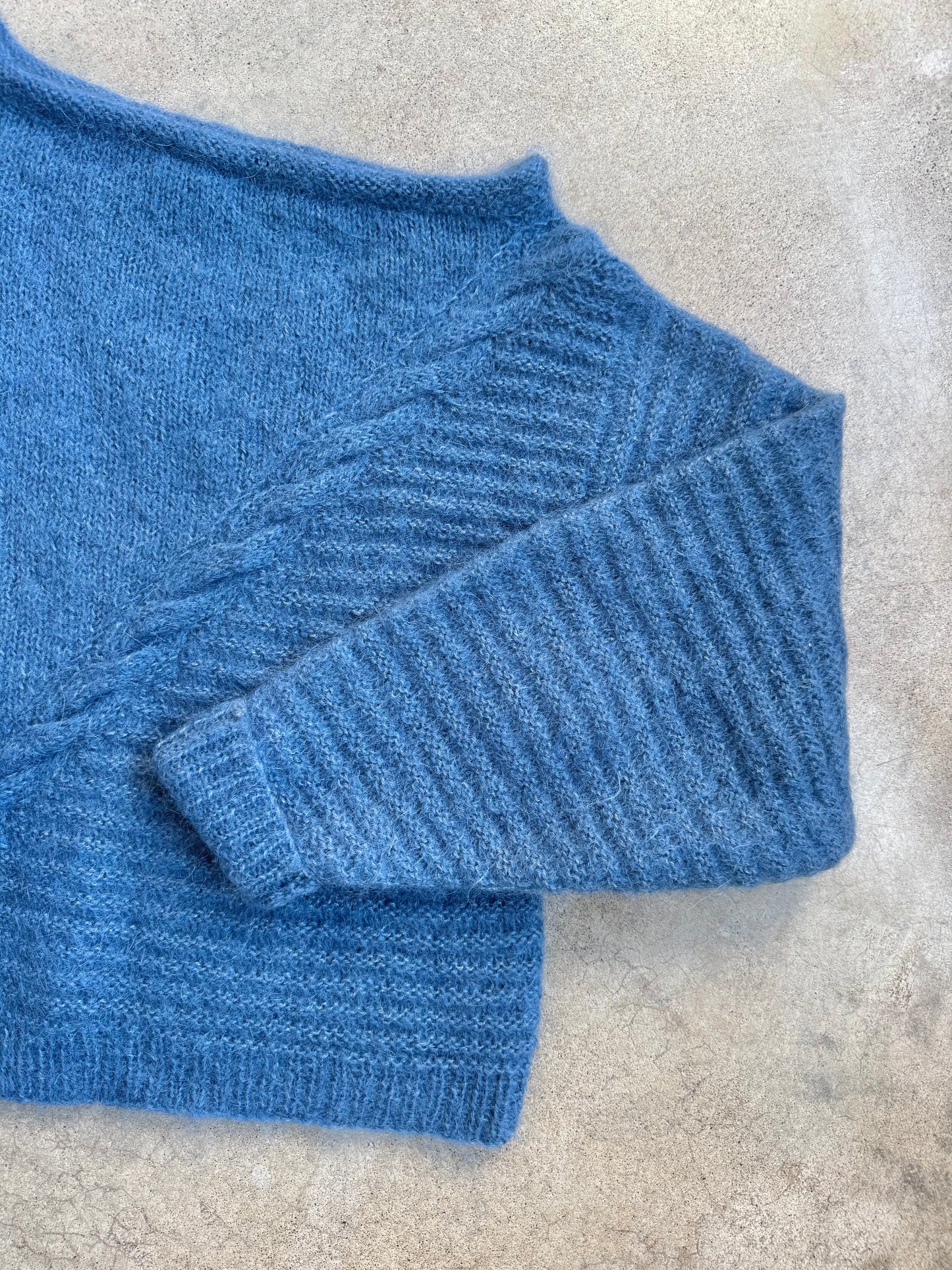 Vintage 1950s Hand-Knit Blue Mohair-Blend Boatneck Sweater | Medium
