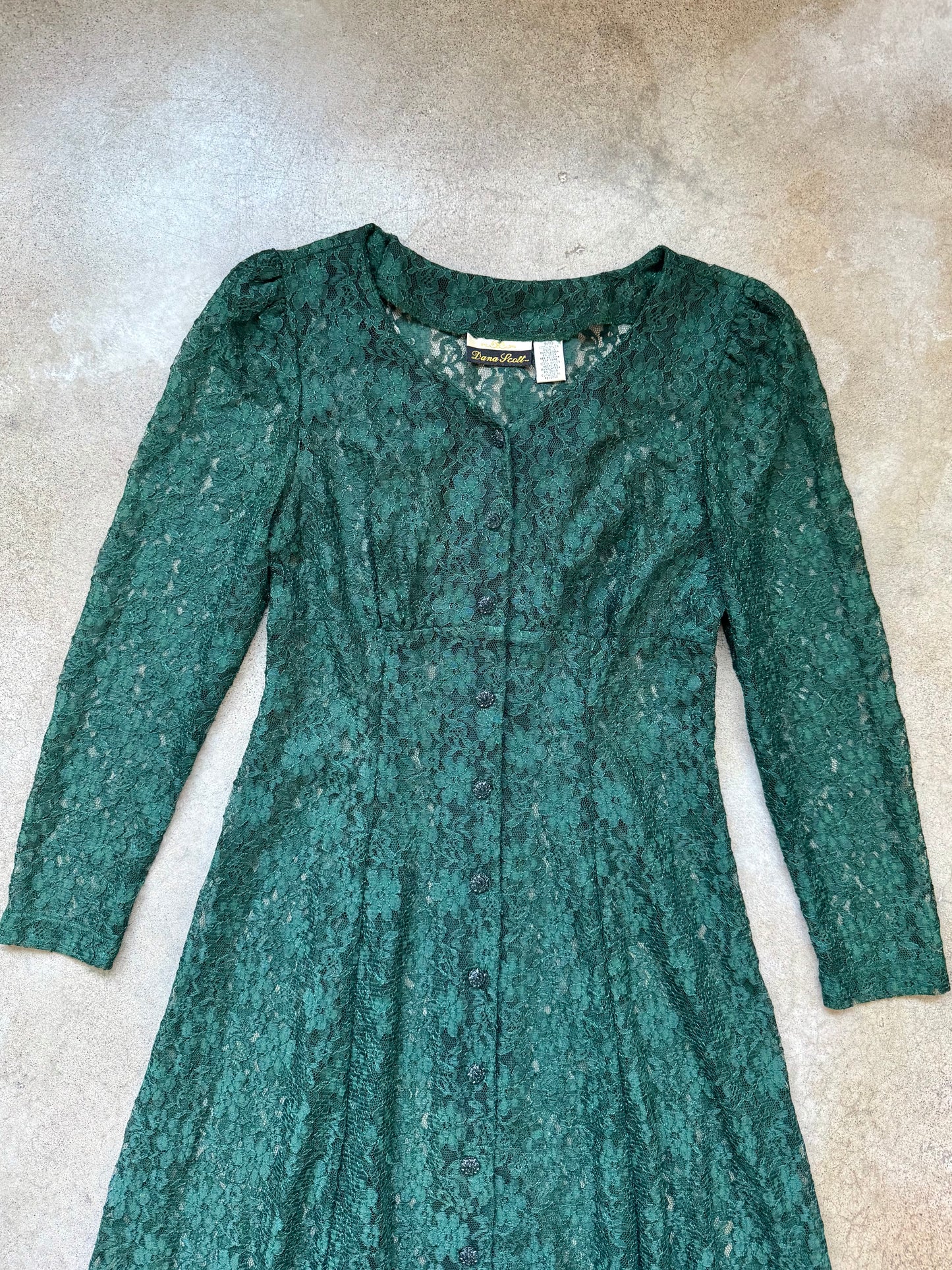 Vintage 1980s Dana Scott Green Floral Lace Button-Front Long Sleeve Maxi Dress | Medium