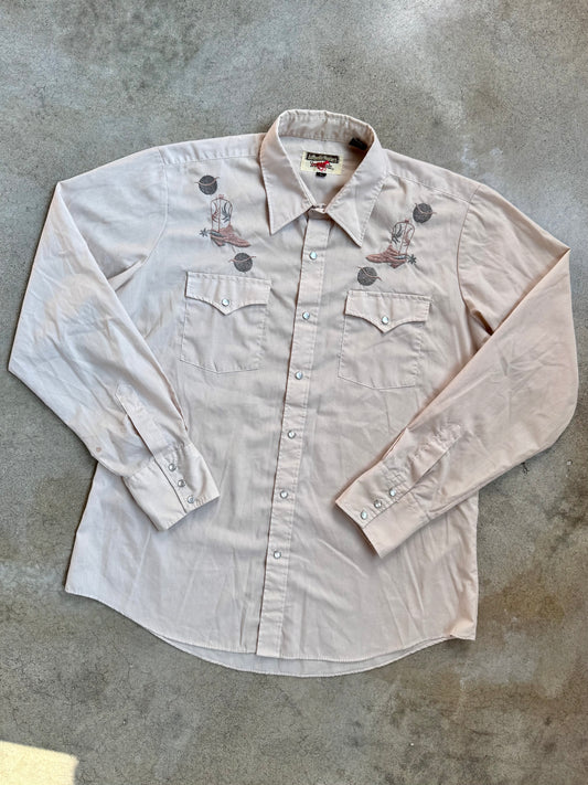 Vintage 1970s Youngbloods Western Boot Embroidered Pearl Snap Shirt | Large