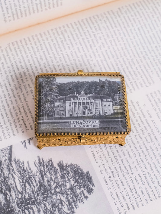 Vintage 1960s Gold Filigree & Glass “Luhačovice” Trinket Box