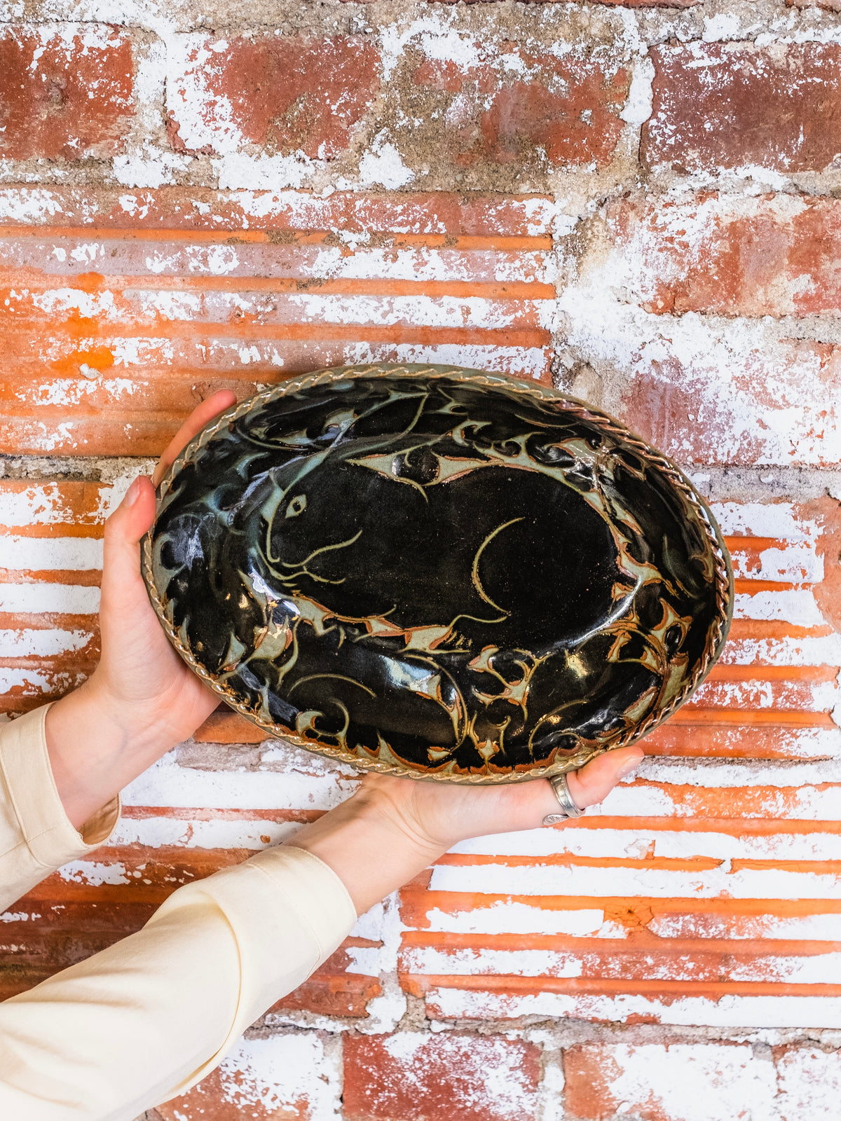 Miranda Thomas Pottery Black Carved Rabbit Medium Oval Platter