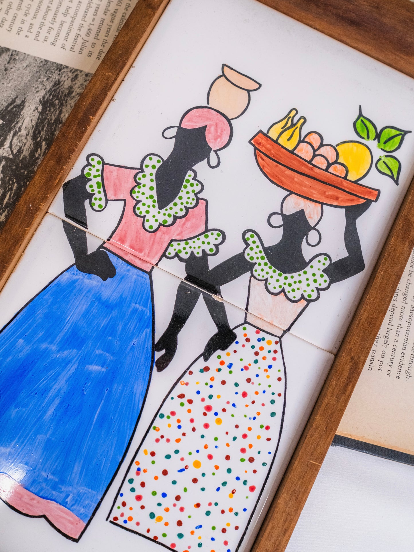 Vintage 1980s Wood & Painted Ceramic Tile Serving Tray | Signed