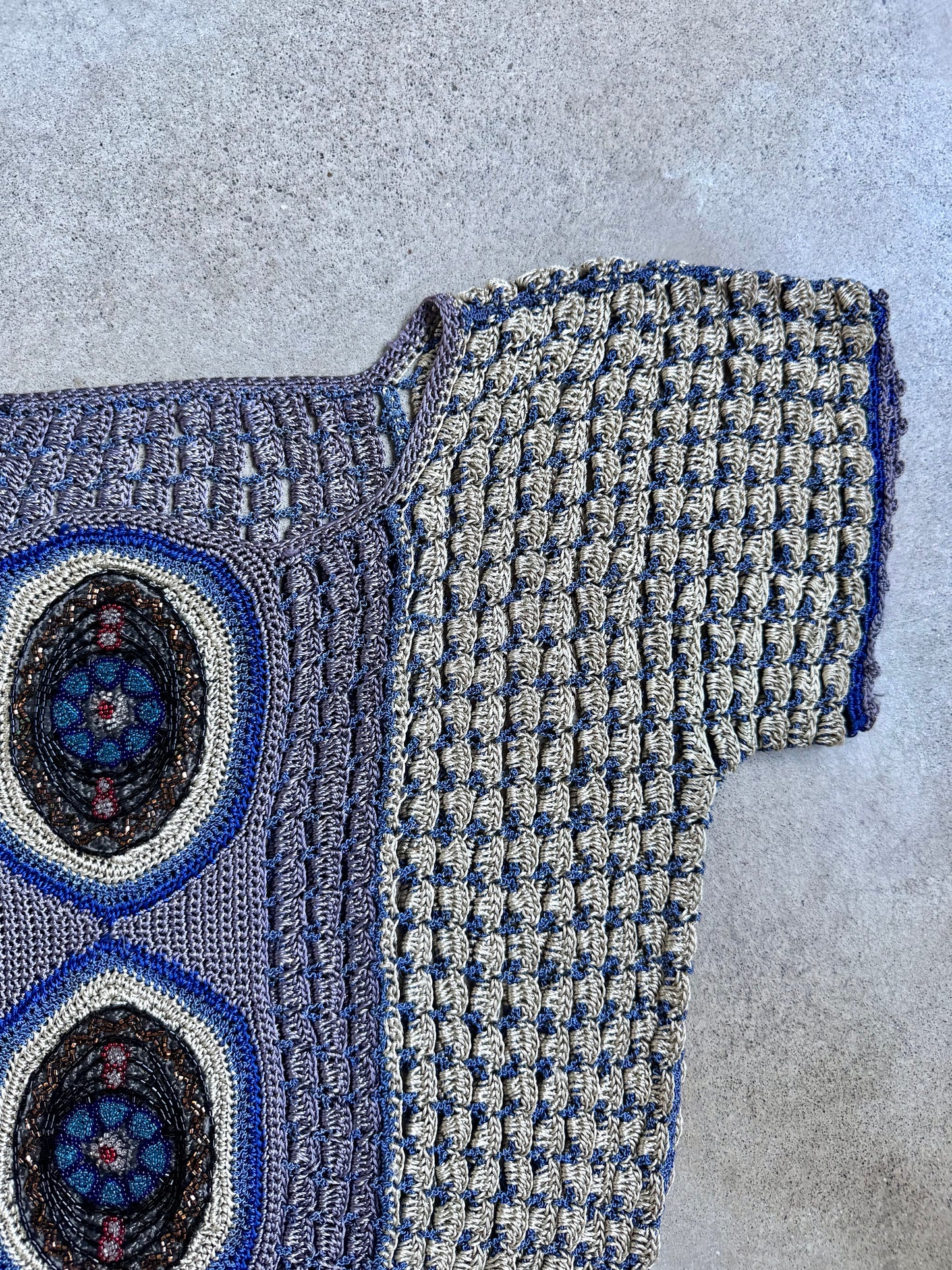 Vintage 1920s-Style Purple & Blue Crochet Beaded Short Sleeve Top | Medium