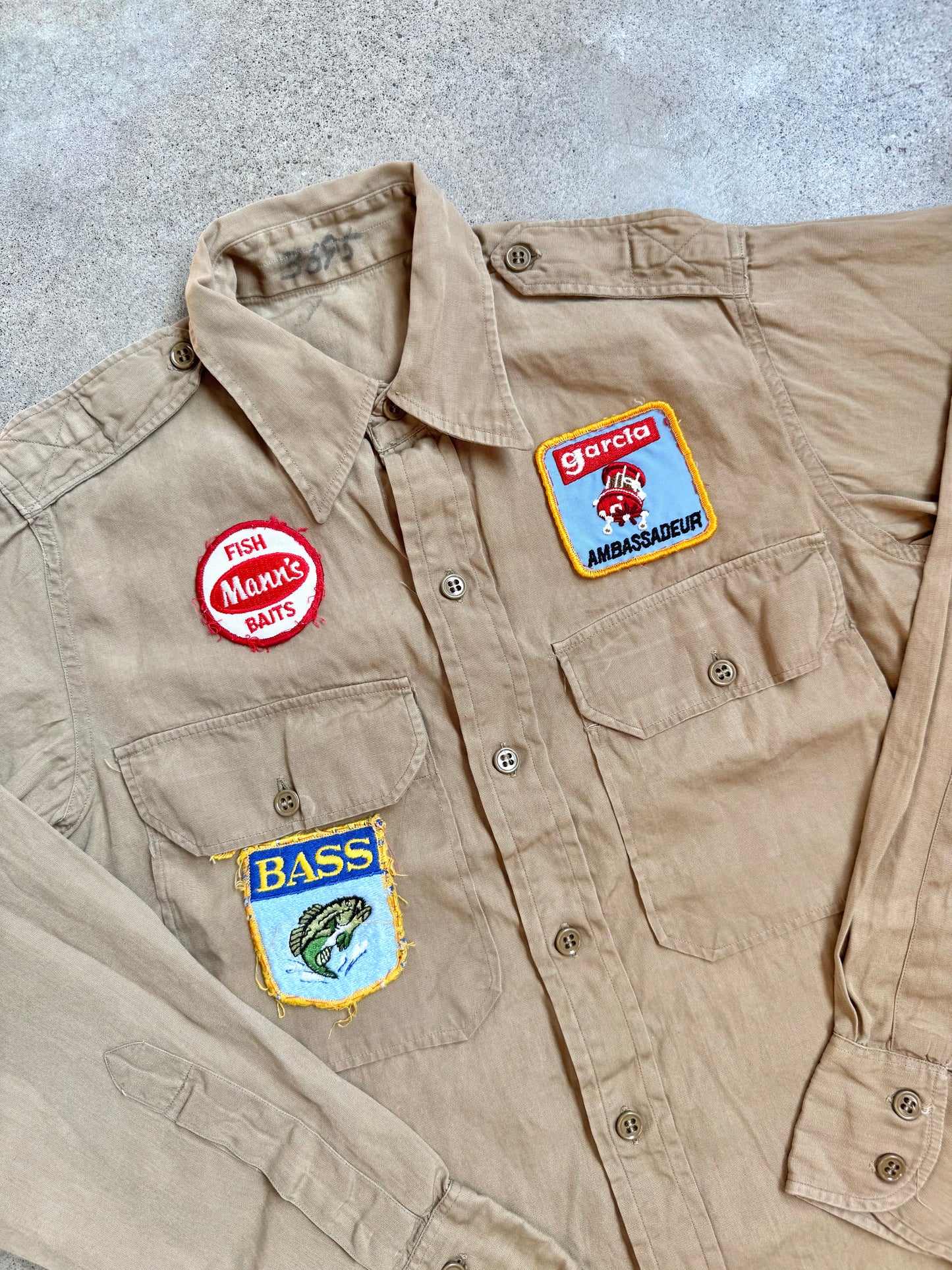 Vintage 1940s Military Issue Khaki Poplin Utility Shirt w/ Fishing Patches | Small