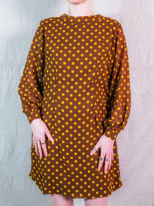 Vintage 1960s Handmade Brown & Yellow Polka Dot Long Sleeve Mini Dress | M/L